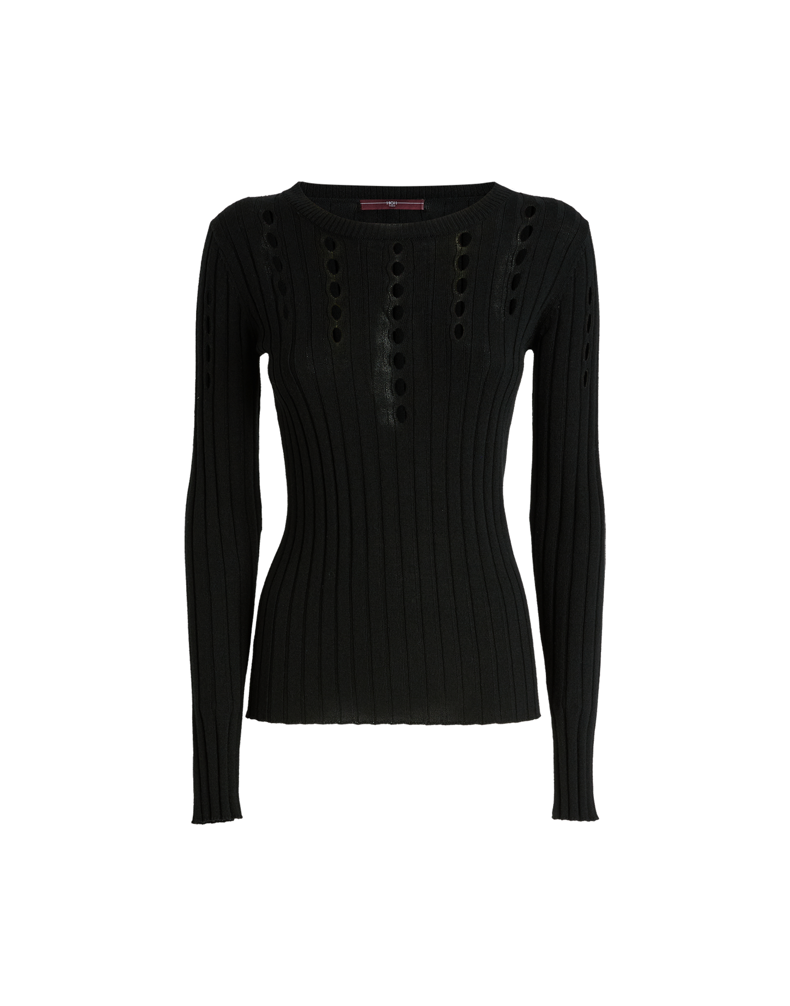 Front view of the TATUM sweater, classic black ribbed knit with round cut-out openings vertically on the front and sleeves, crewneck.