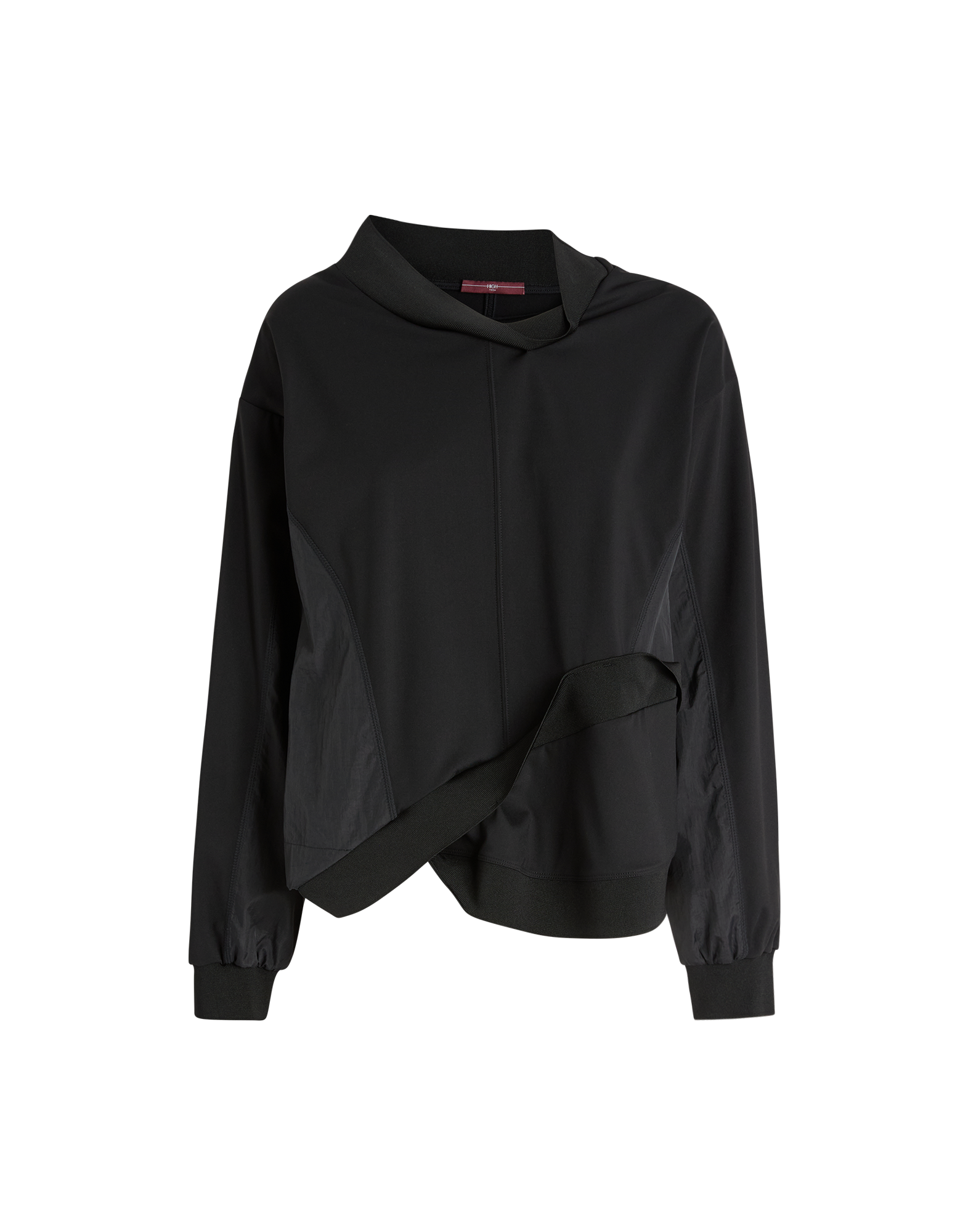 Front view of the SLINK sweatshirt in black neoprene with asymmetric hem, stand collar, ribbed cuffs, and nylon inserts at hips and sides.