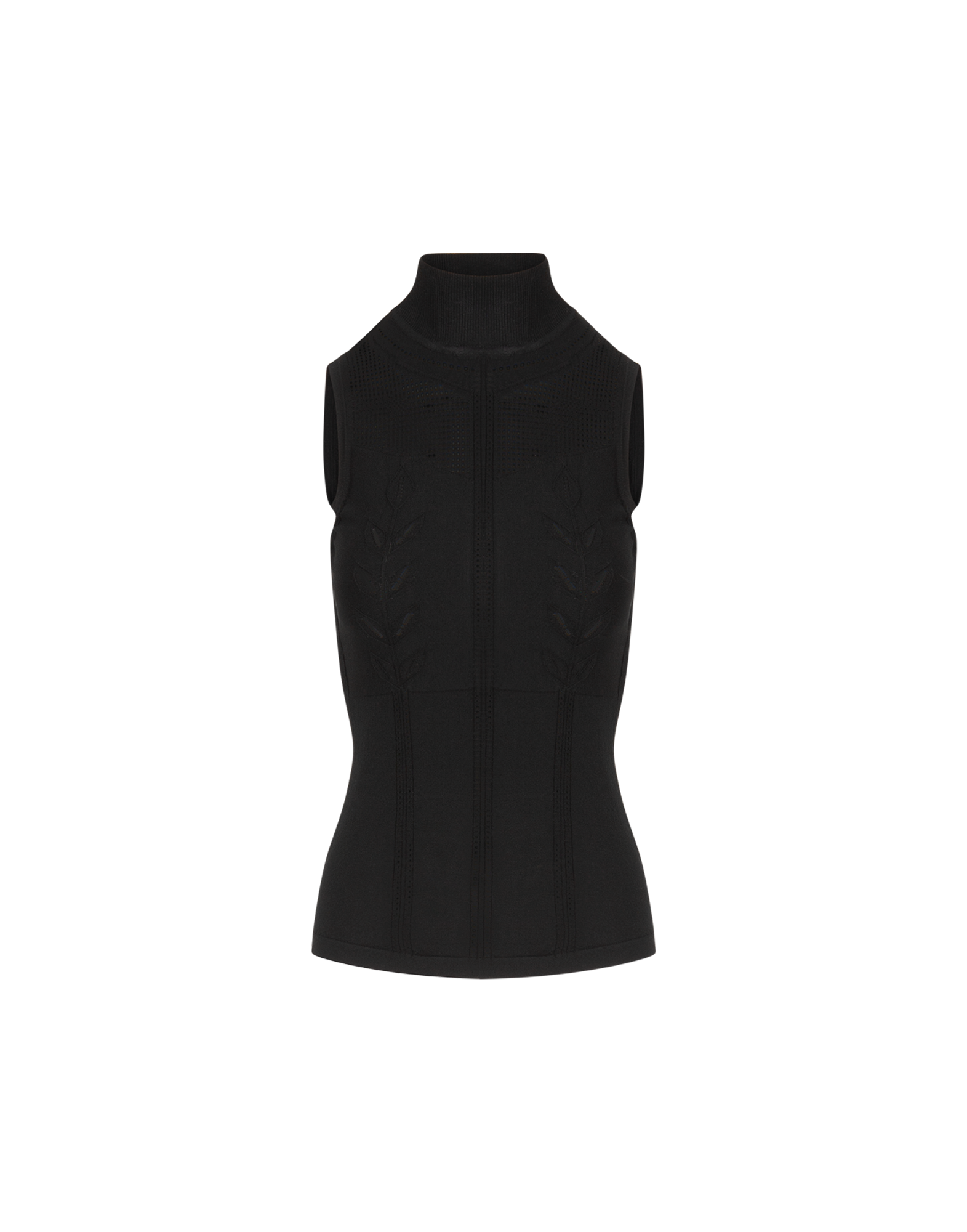 Front view of GUISE: sleeveless black top with high fine ribbed collar, perforated floral motif on front and vertical band, seamlessly knitted.