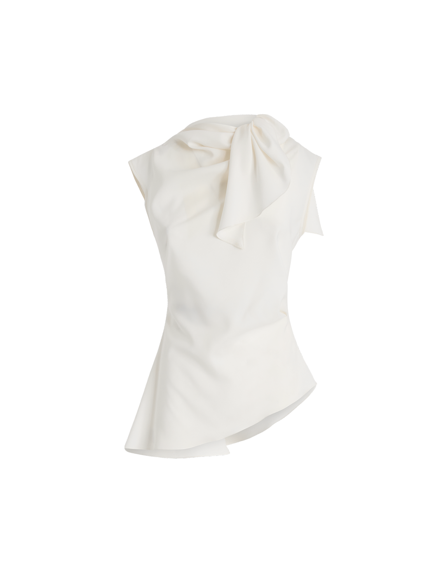 Front view of the sleeveless WALTON top in fluid ivory satin with an asymmetric hem and side jabot collar detail at the neck.
