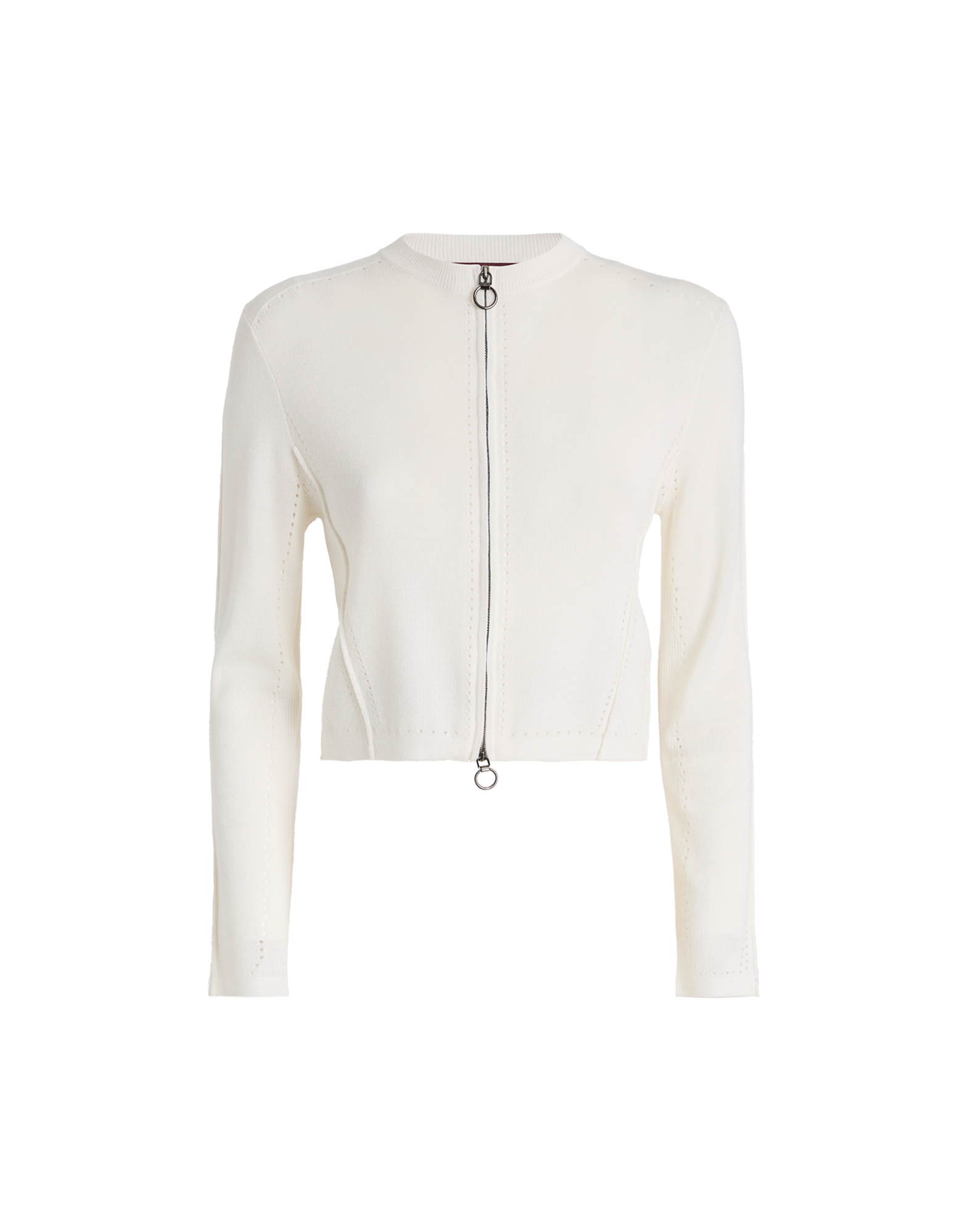 Front view of the SKITTER cardigan in cream wool blend, featuring crewneck, full metal zip closure, and ribbed cuffs.