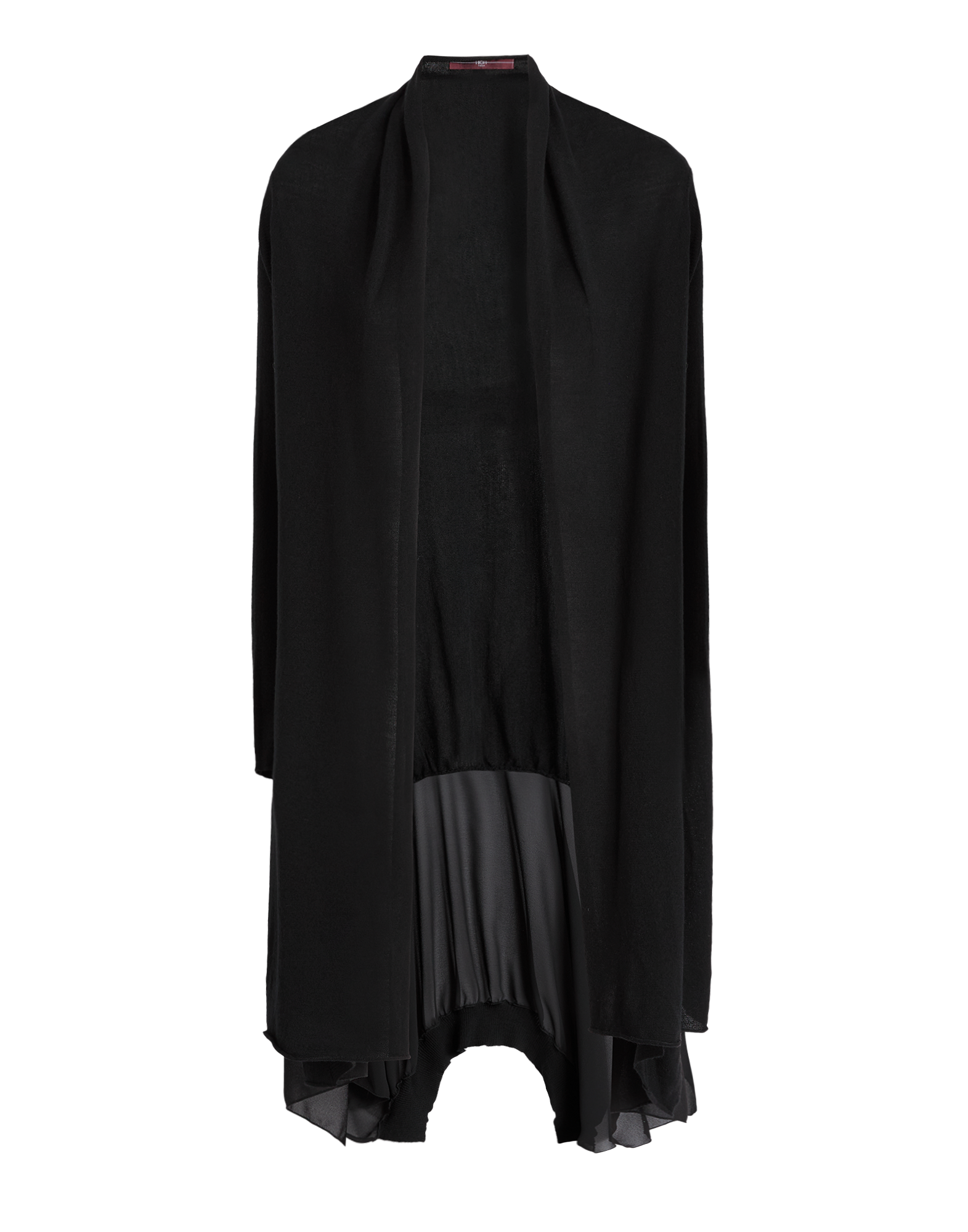 Frontalansicht des SLIVER Cardigans in Schwarz, locker geschnitten, mit langen Ärmeln, offener Front und gerundetem, unregelmäßigem Saum sowie gerafftem Rückenteil.