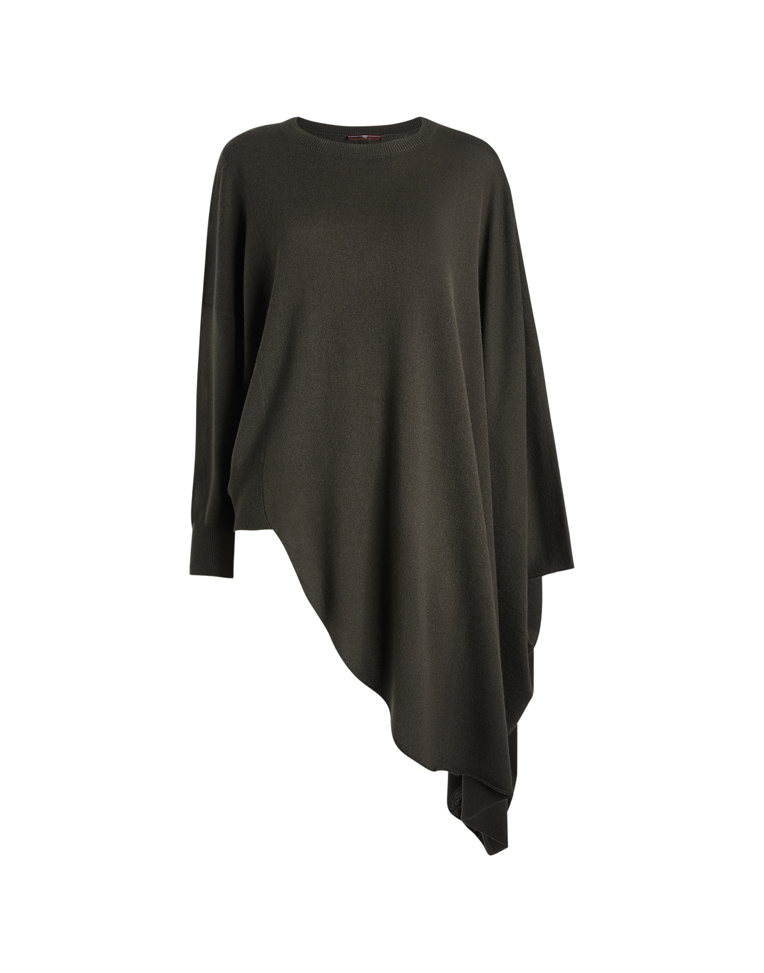 Front view of the ON SET tunic with asymmetric hem starting at the right hip and falling below the knee on the left, made from dark wool blend. Crew neck and long sleeves with ribbed cuffs, lightweight and fluid.