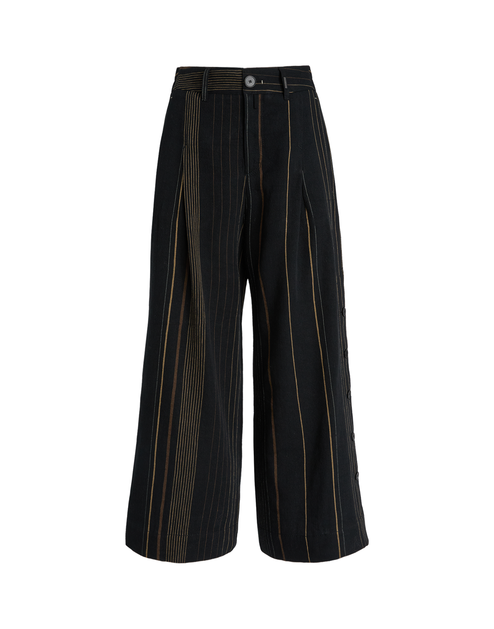 Front view of SWALLOW trousers with vertical stripe pattern in various colors and widths on a black base, mid-rise waistband with belt loops, visible side button placket.