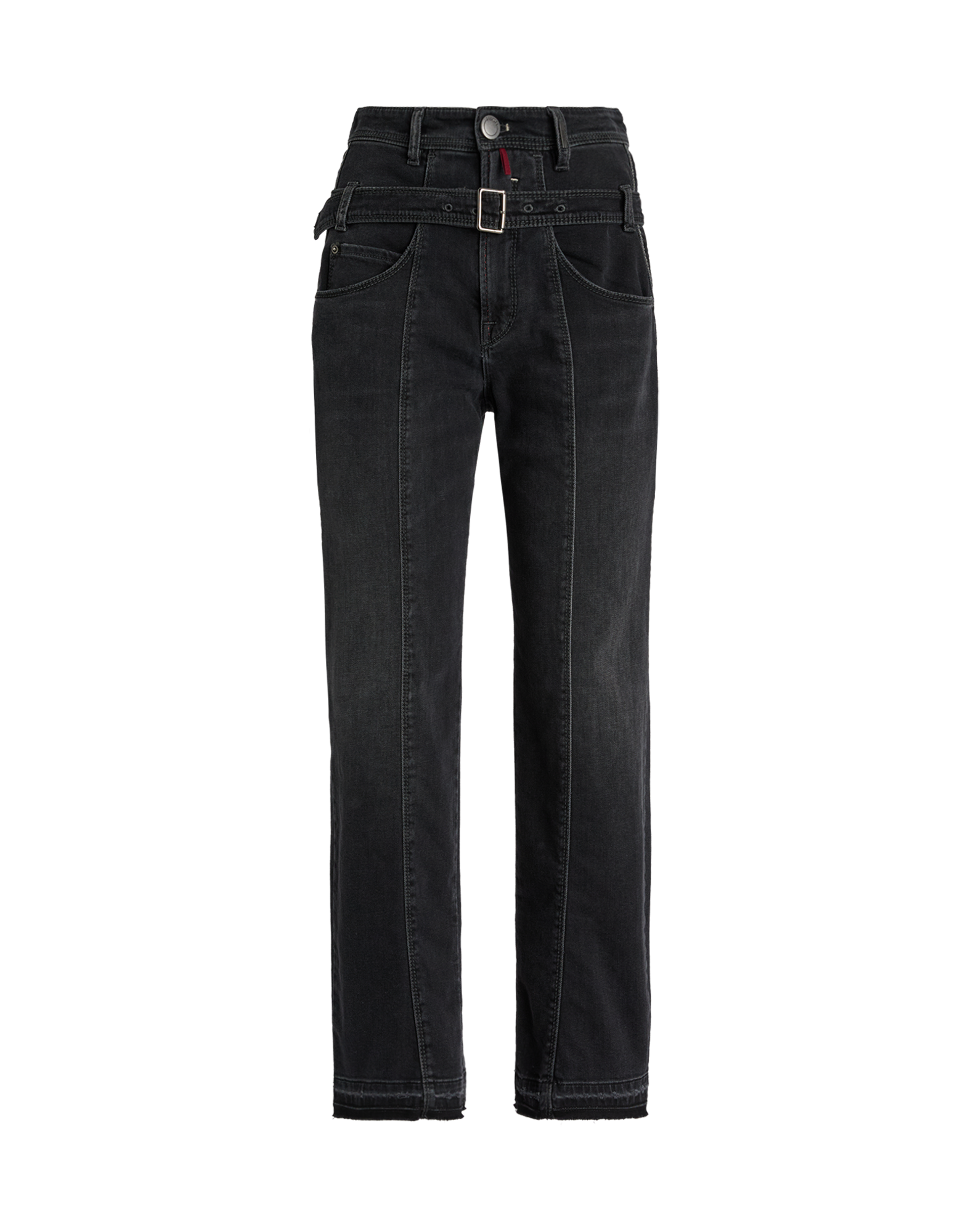 Frontalansicht der FAIR-PLAY: Schwarze klassische Jeans mit abnehmbarem doppelten Gürtel auf der Hüfte, sichtbaren Nähten, fünf Taschen und schlanker Passform.