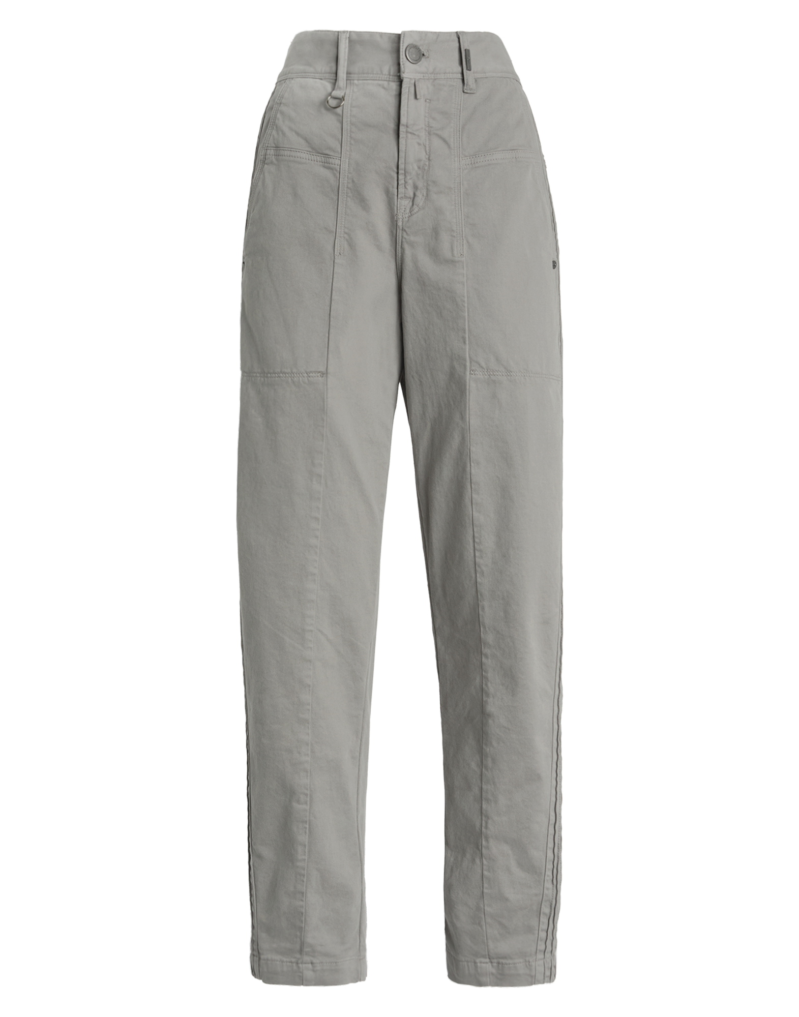 Front view of the ACTIVATE pants in medium grey color, featuring waistband, belt loops, visible seams, and front button, crafted from medium-weight cotton.