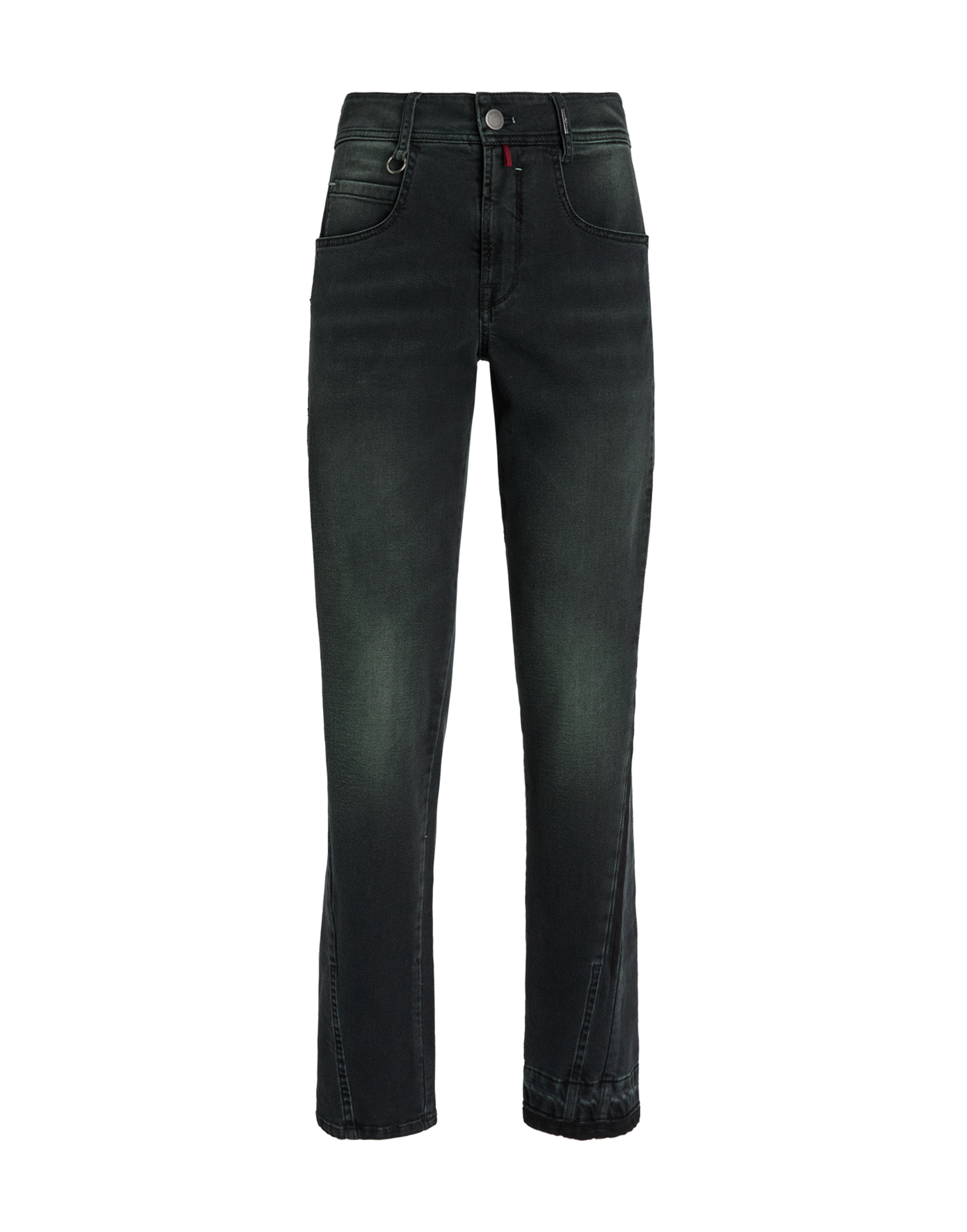 Frontalansicht der Jeans HAPPLY mit dunklen Einsätzen, sichtbaren Nähten, Gürtelschlaufen, Knopfverschluss, Reißverschluss, Seitentaschen und Gesäßtaschen.