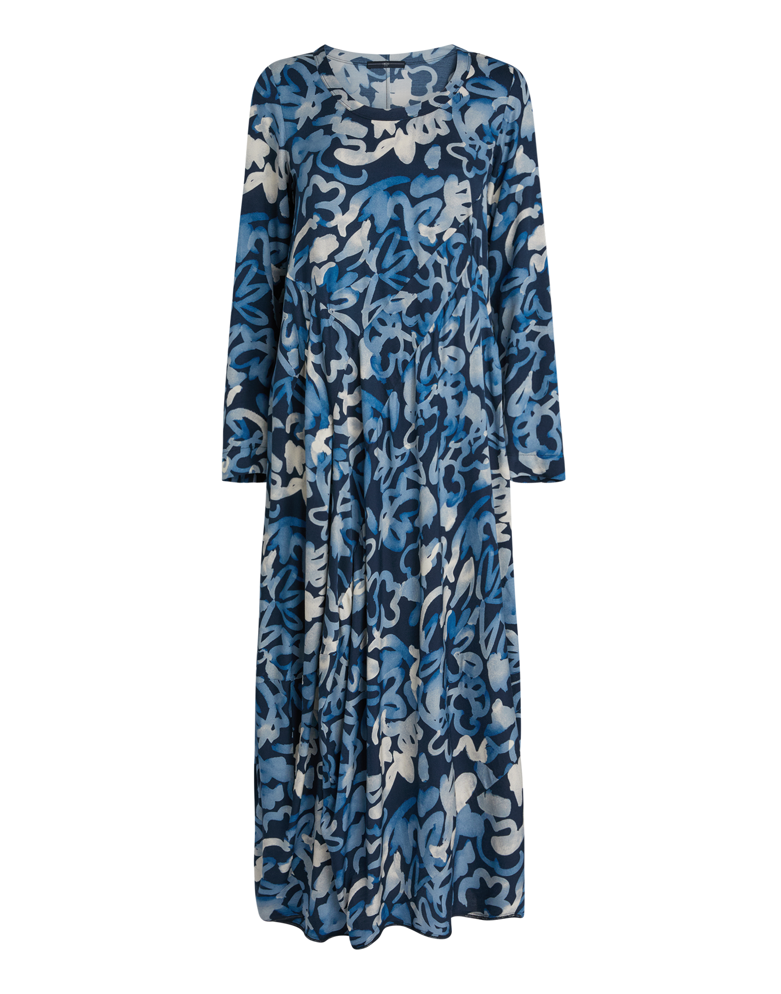 Frontalansicht des strukturierten Kleides AWAKENING mit leuchtend blauem, floral-abstraktem Muster, rundem Halsausschnitt und langen Ärmeln auf weißem Hintergrund.