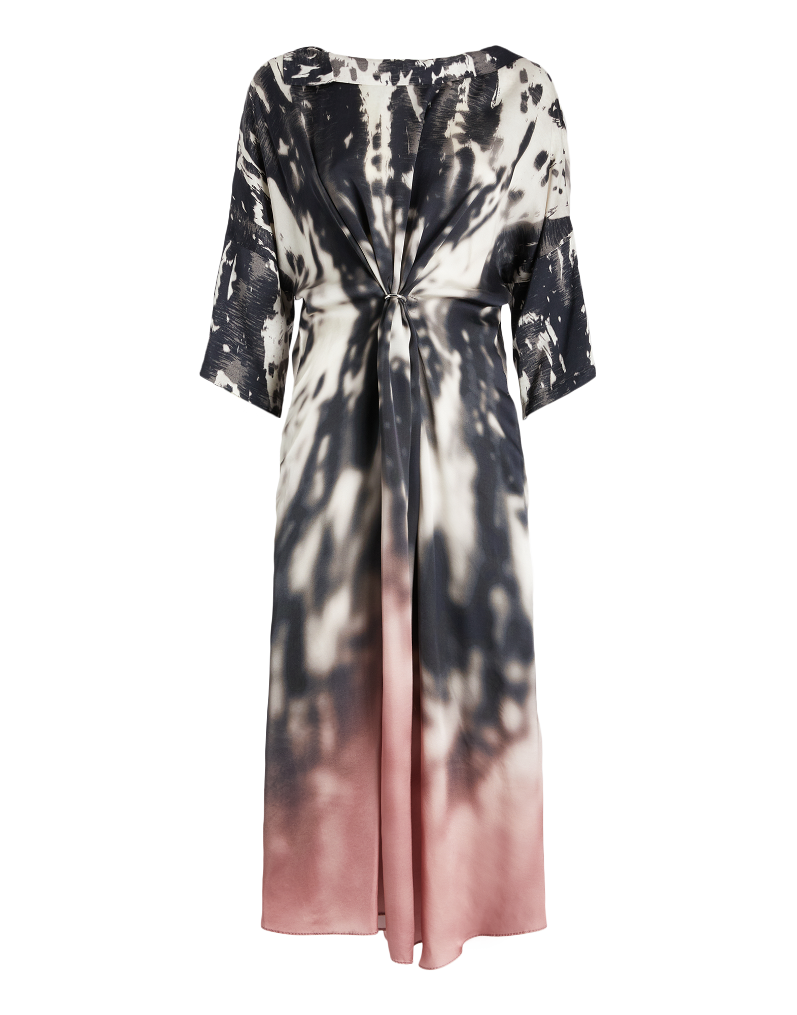 Frontalansicht des STOP PRESS Kleides mit abstraktem Schwarz-Weiß-Druck, nach unten sanft zu Rosé-Pink verlaufend, D-Ring-Detail vorne und asymmetrischem Saum.