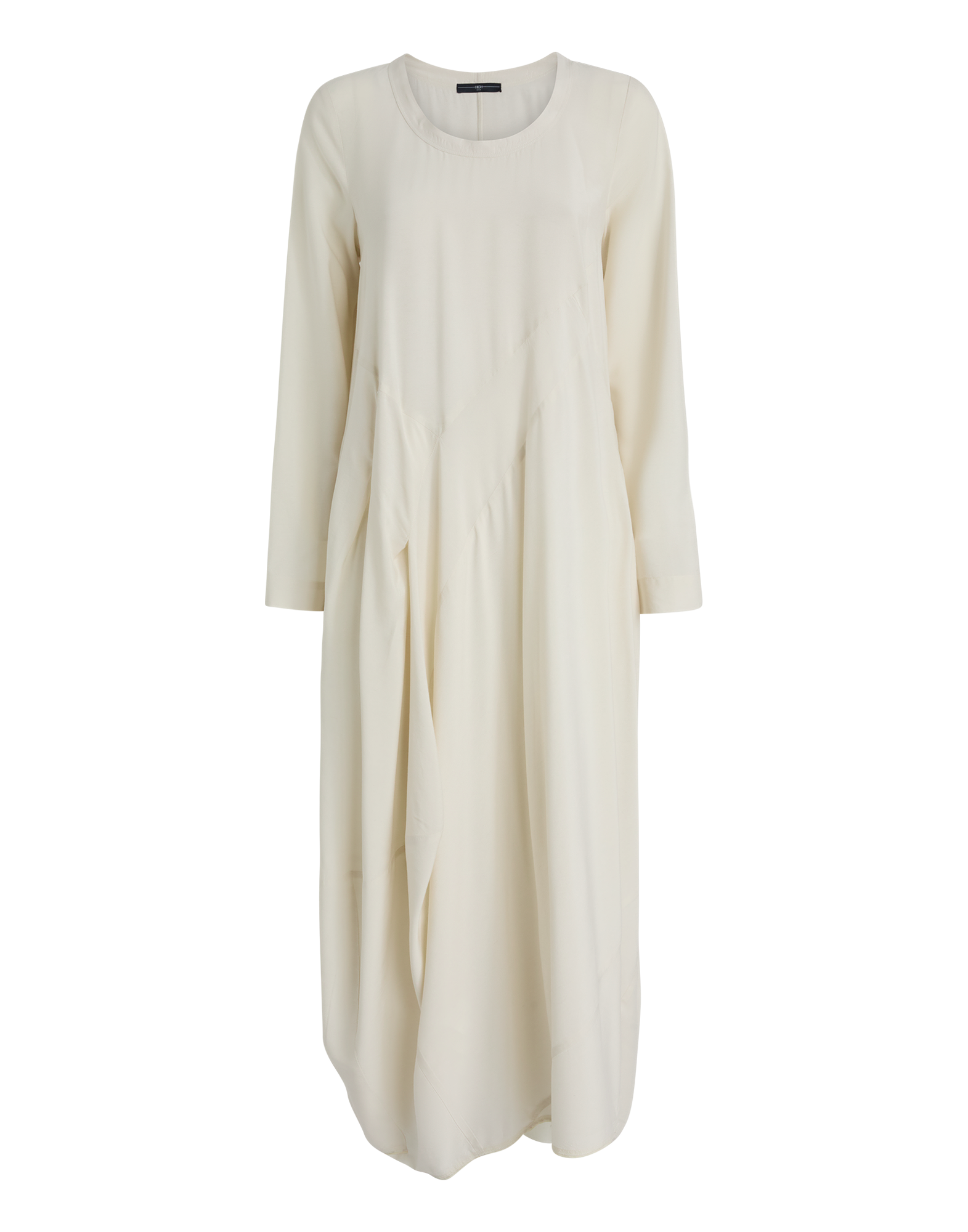 Frontalansicht des AWAKENING Kleides in Cremefarbe mit langen Ärmeln, Ballonrock und Rundhalsausschnitt, locker drapiert und aus leichtem Stoff gefertigt.