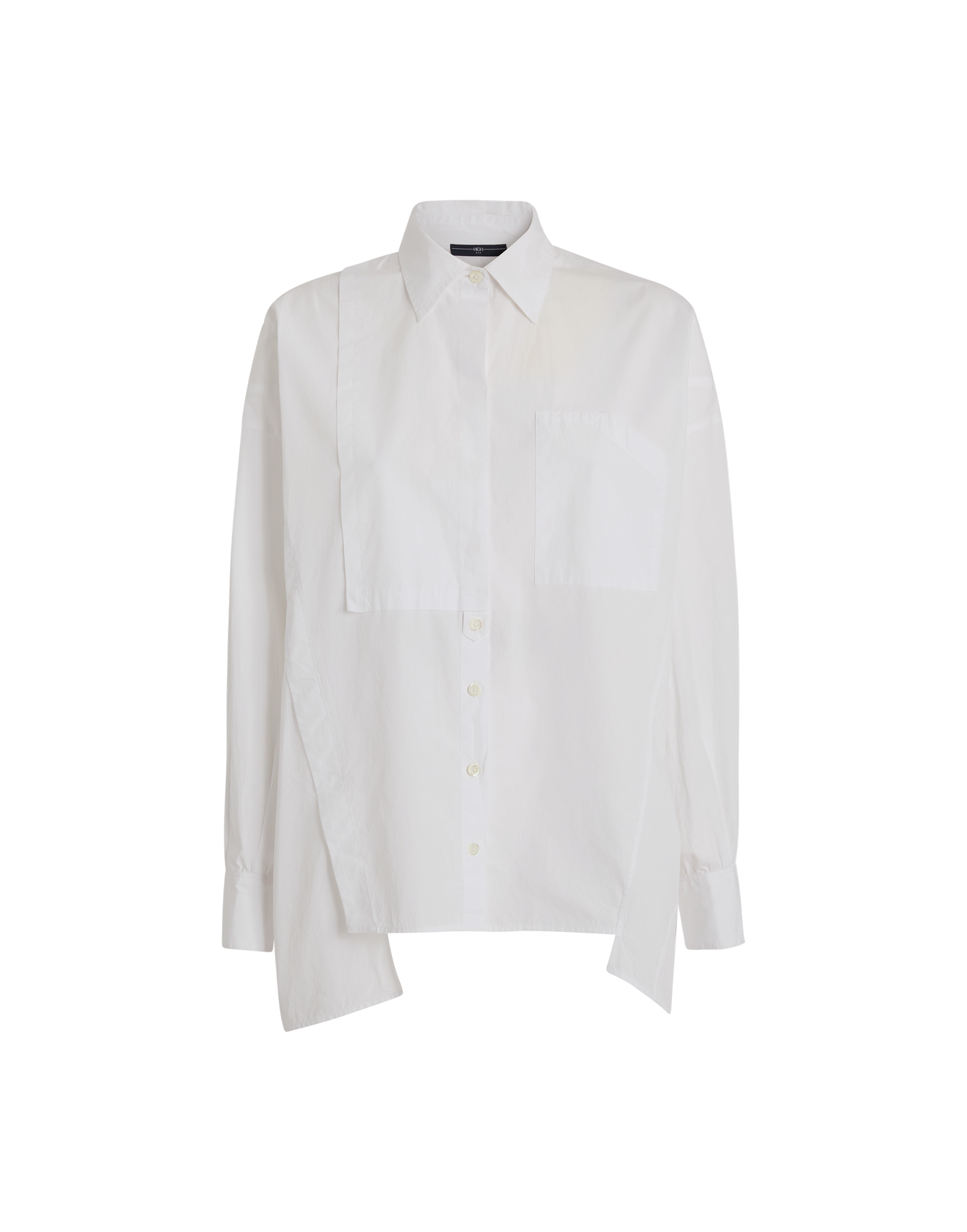 Front view of DEADLINE shirt, white, featuring asymmetric front, chest pocket, and concealed button placket. The cut displays long sleeves and relaxed, feminine style.