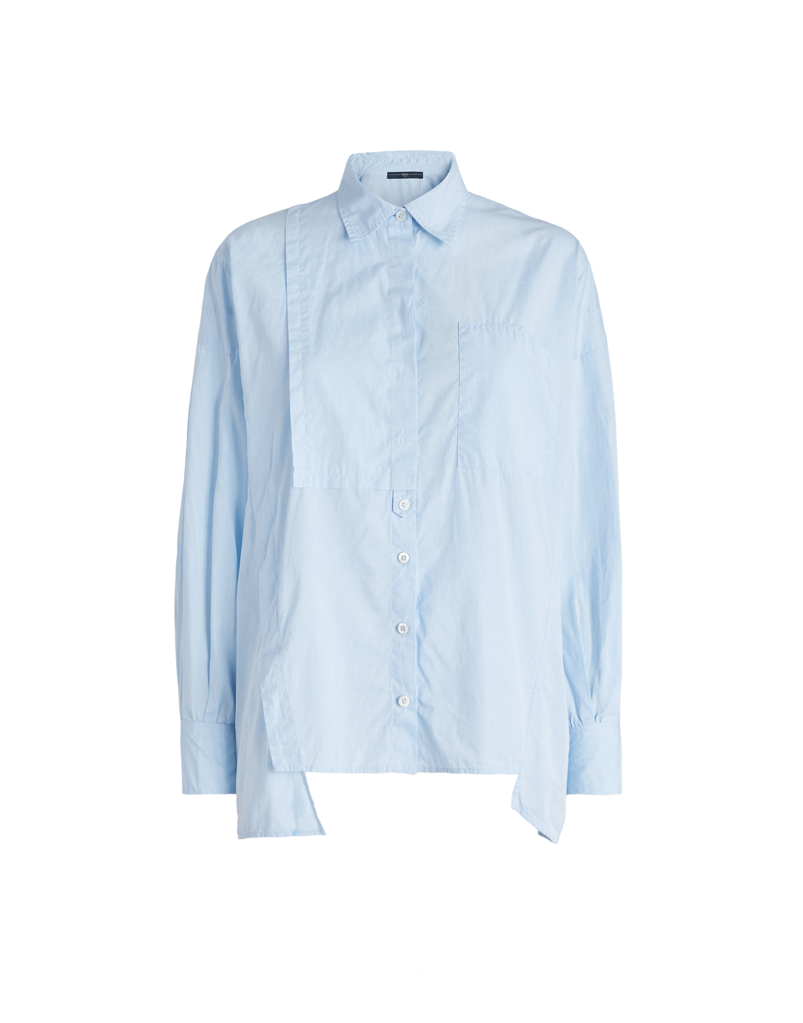 Front view of the DEADLINE shirt in light blue, featuring an asymmetric cut, notched collar, dropped armhole, chest pocket, and visible buttons.