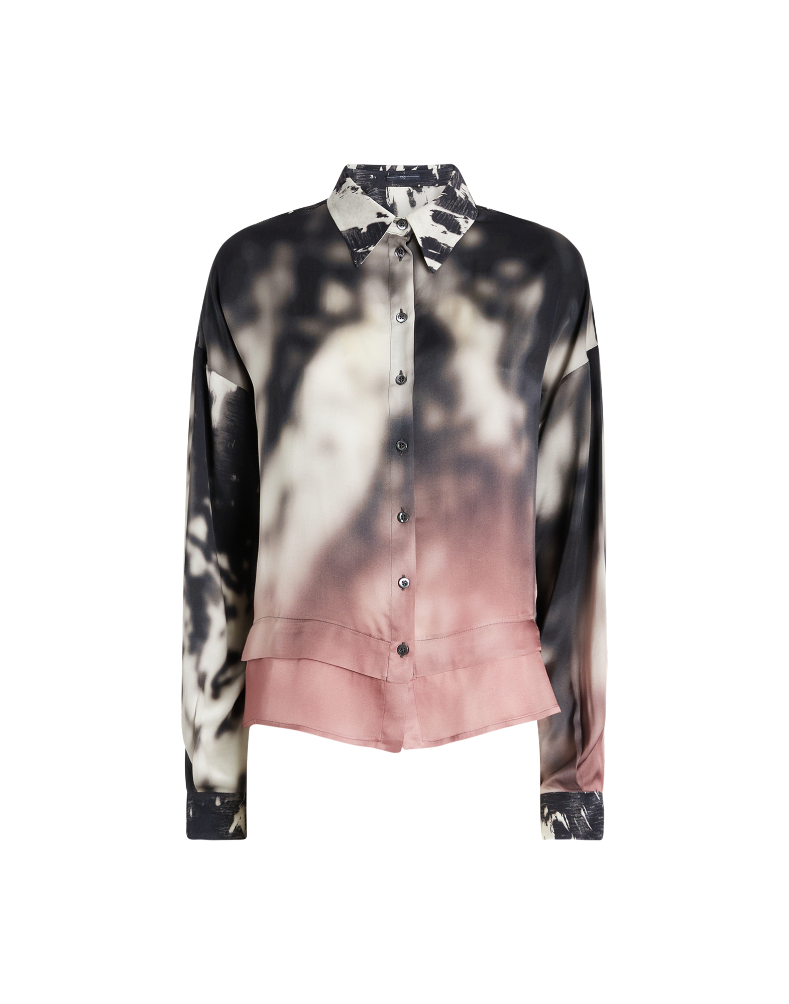 Front view of the O-ZONE shirt with creative gradient from black-white to pink, turn-down collar, button placket, long sleeves, and rounded hem.