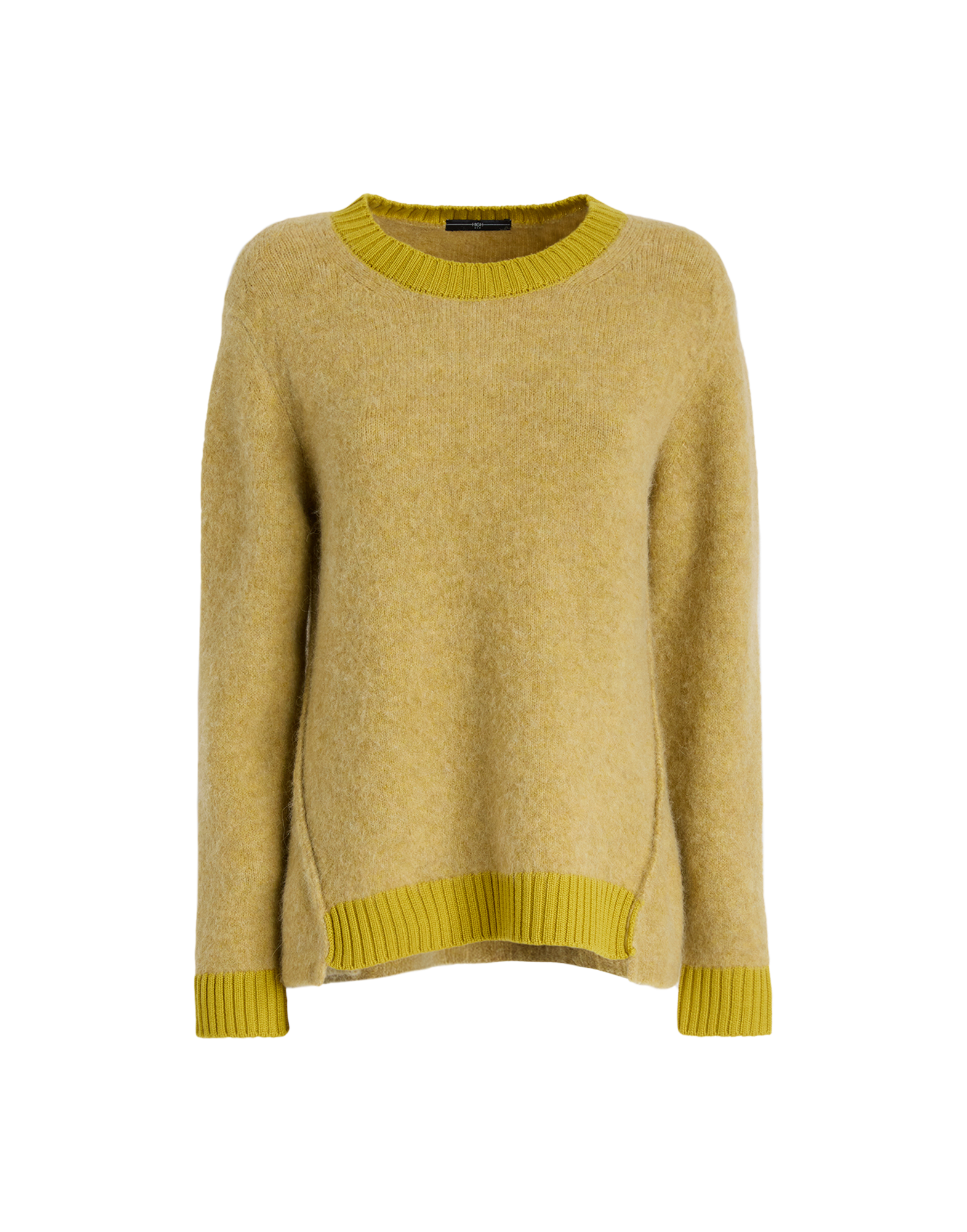 Frontalansicht des Pullovers ISADORA mit gelber Grundfarbe und kontrastierenden, gerippten Bündchen am Rundhalsausschnitt, an den Ärmeln und am Saum.