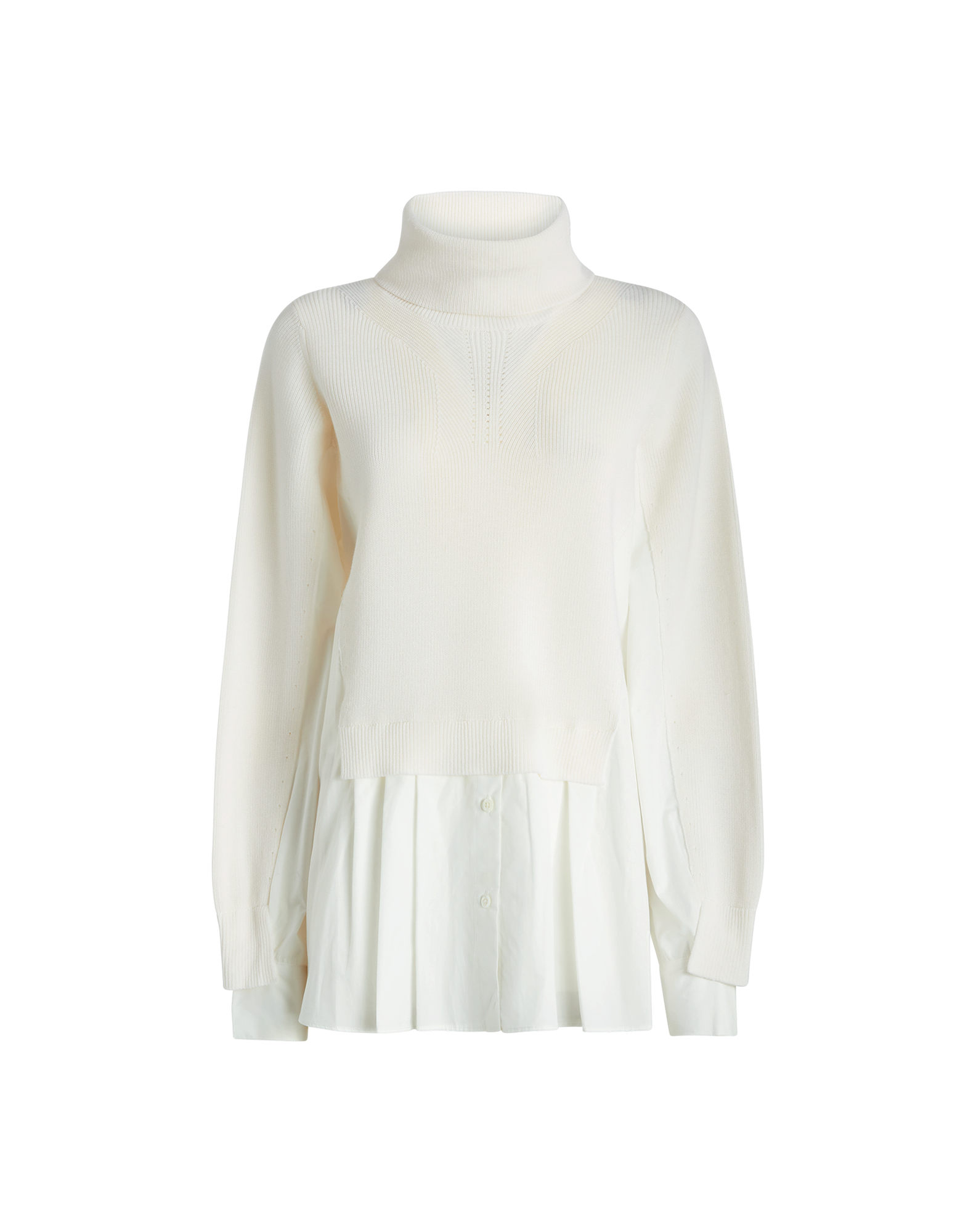 Front view of the HEART-BIT sweater featuring a high neck, long sleeves, and a white cotton poplin insert that mimics the look of a shirt.