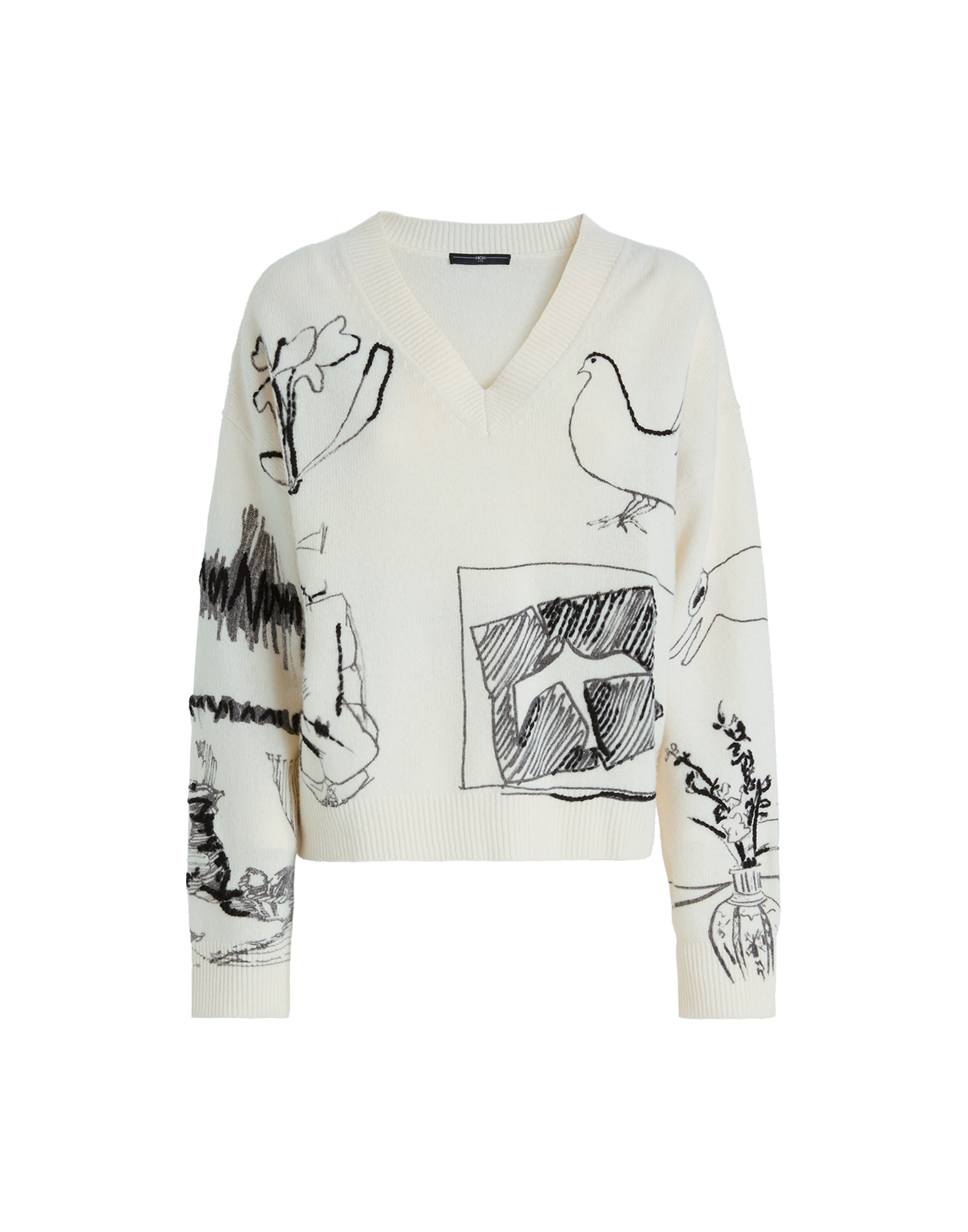 Frontalansicht des Pullis APLOMB mit Boxy-Passform, in Creme, versehen mit abstrakten, schwarzen grafischen Drucken und Stickereien sowie V-Ausschnitt.