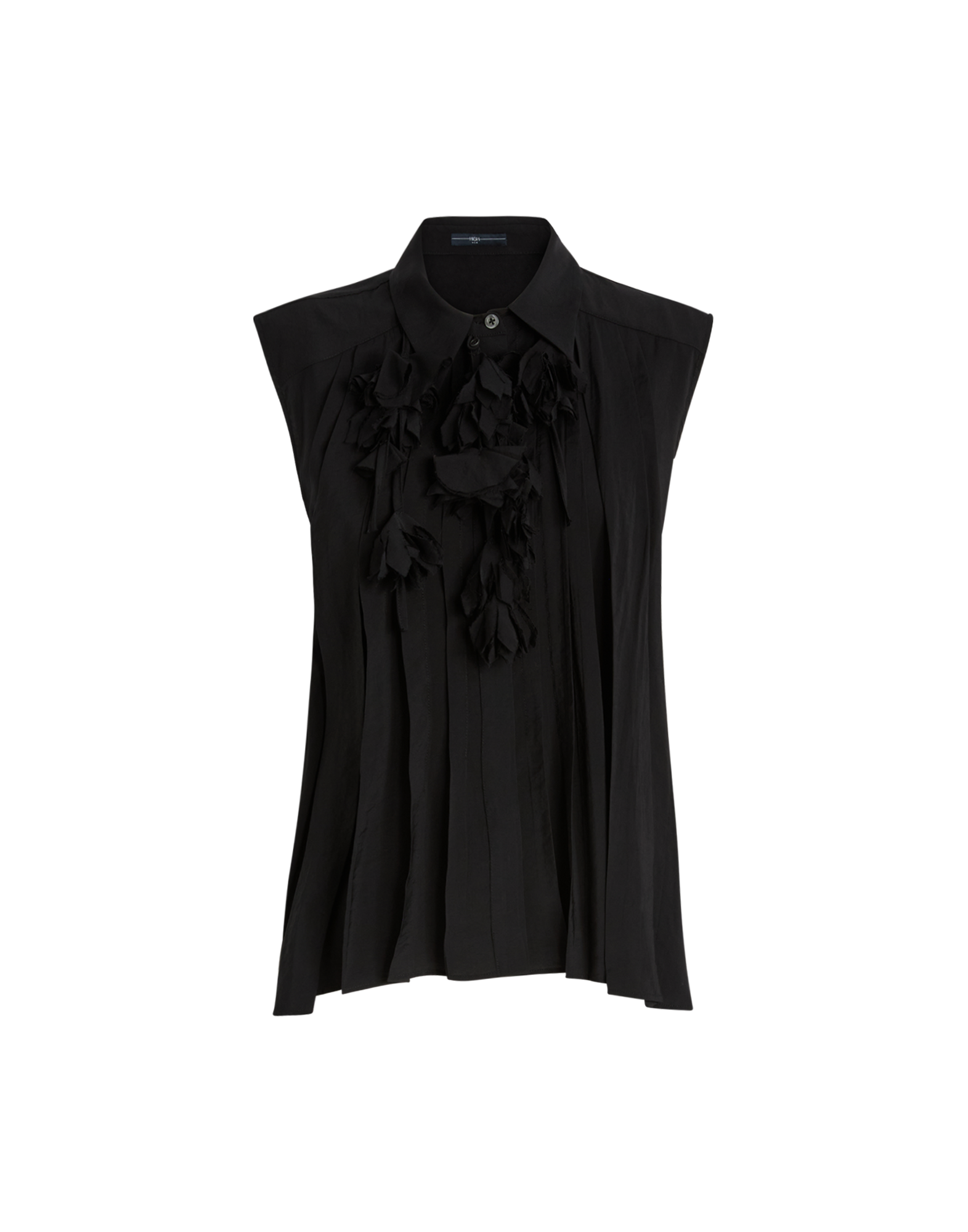 Front view of the DOODLE blouse: sleeveless black top with turn-down collar, concealed button placket, stitched pleats, and removable tone-on-tone floral appliques at the collar.