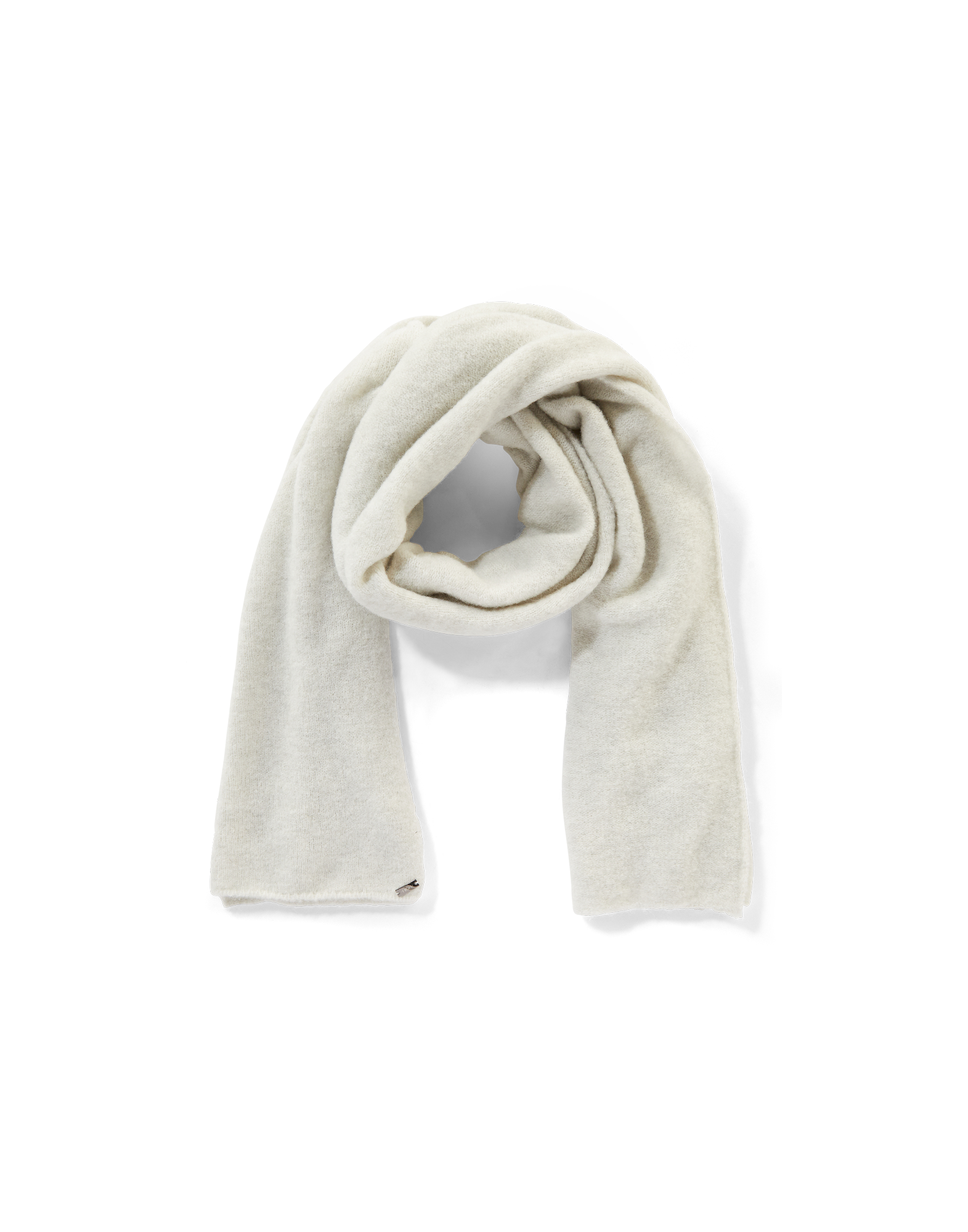 Frontalansicht des FROSTY Stretch-Alpakawollschals in hellgrau, locker drapiert, zeigt das luftige und weiche Material sowie die großzügige Breite des Accessoires.