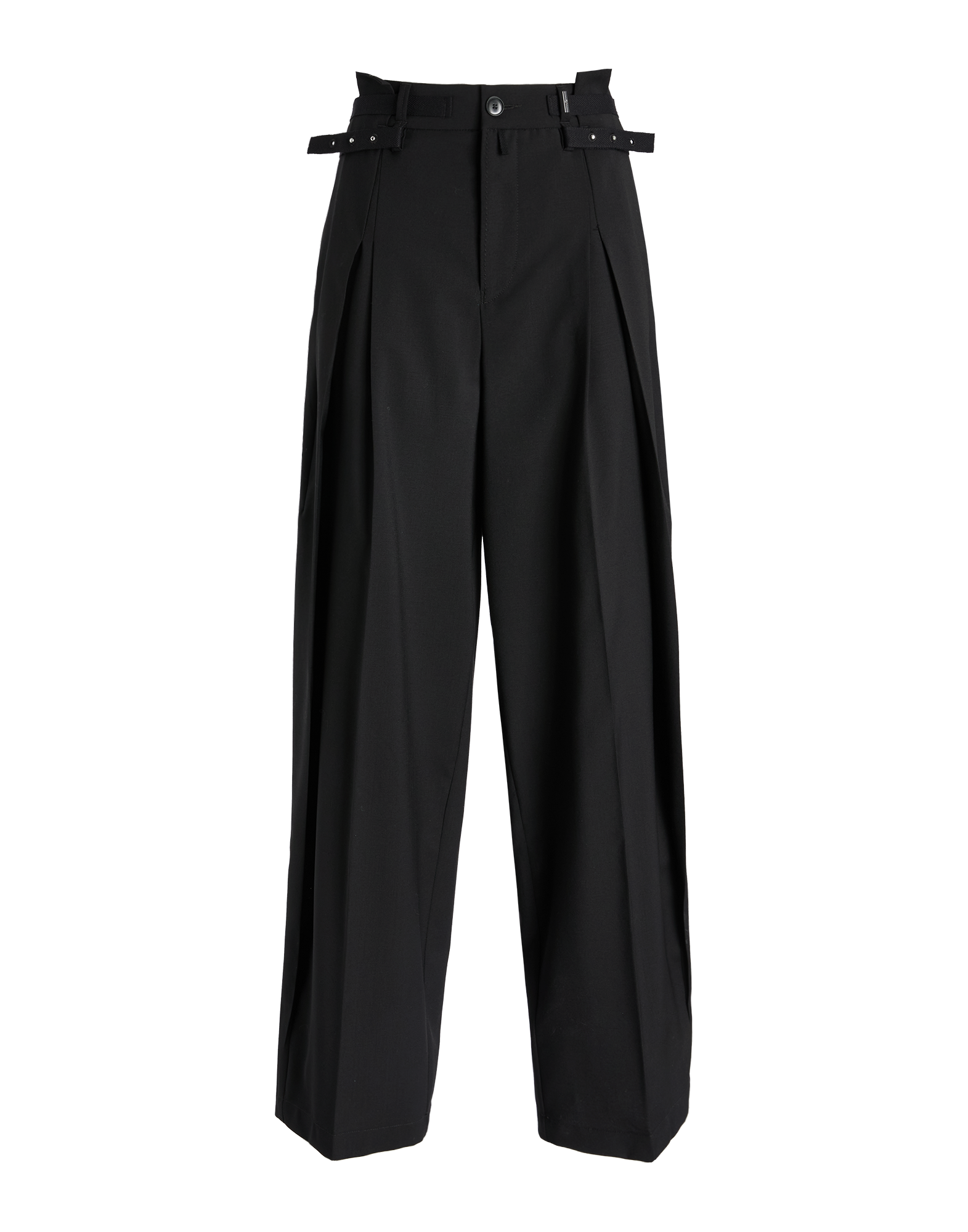 Front view of the NEVERLAND black pants, made from extra-fine wool, featuring a wide cut, double front pleats, belt loops, and a modern waist belt with rivets.