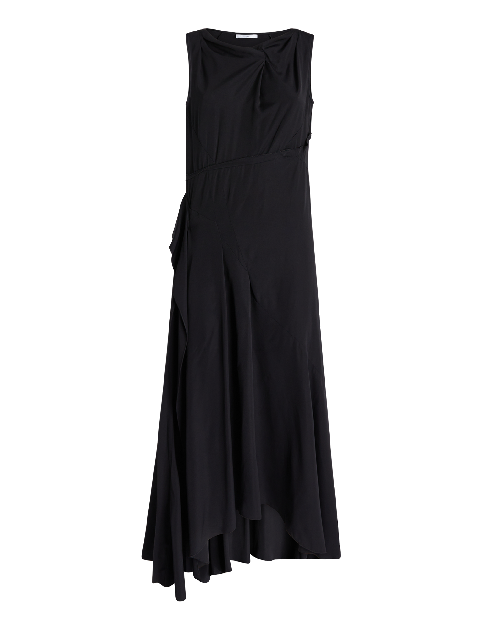 Frontalansicht des Kleides SOUND OFF mit ärmellosem Design, asymmetrischem Saum, seitlicher Drapierung und leichtem, fließendem Stoff in Schwarz.