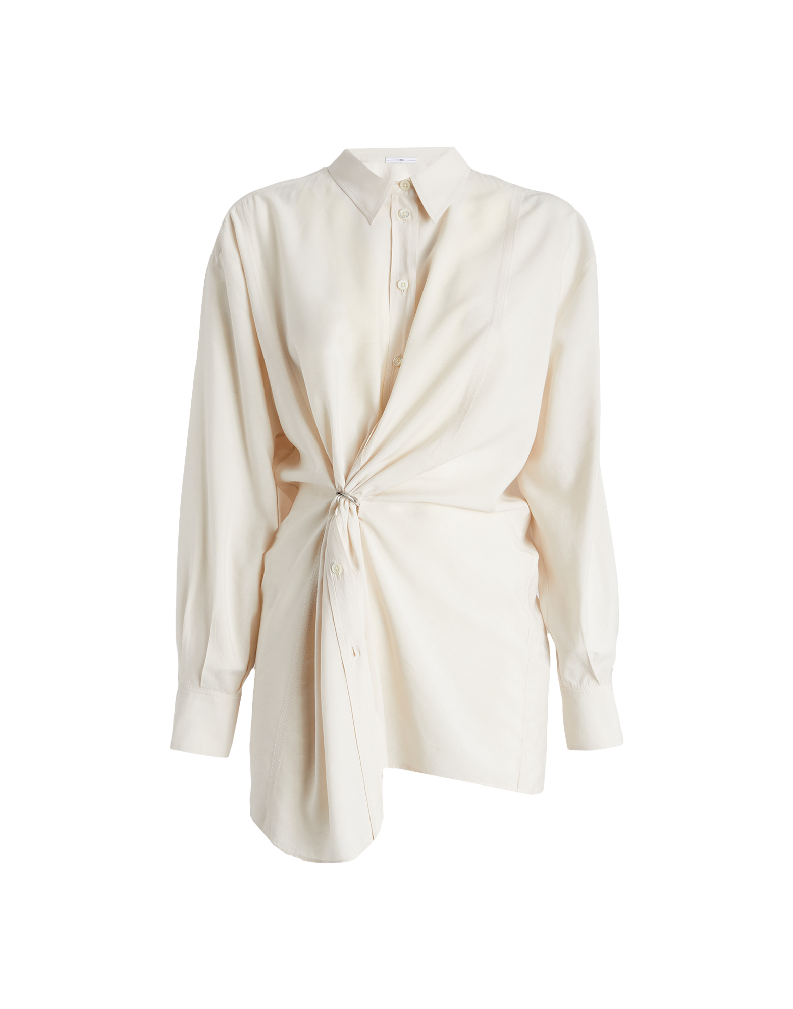 Front view of the SKYLARK blouse with light cream-colored fabric, loose fit, classic collar, distinctive drape from central D-ring, and central button placket.