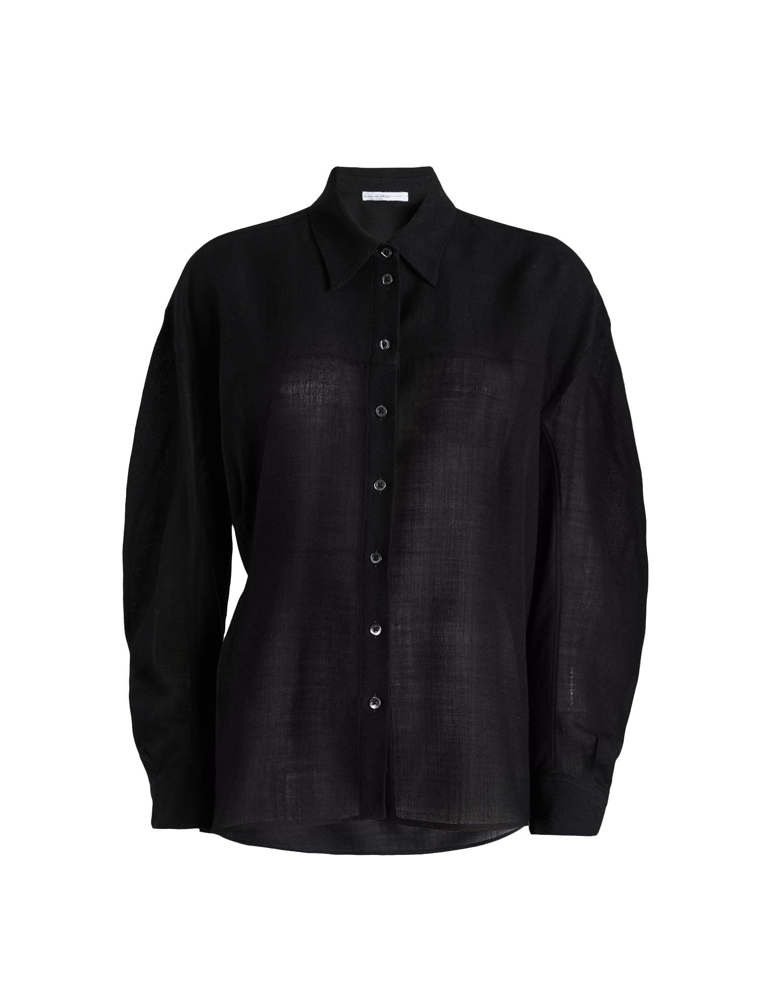 Front view of the SCOOT blouse in extra-fine, nearly transparent black wool gauze with button placket, notched collar, and long sleeves with cuffs.