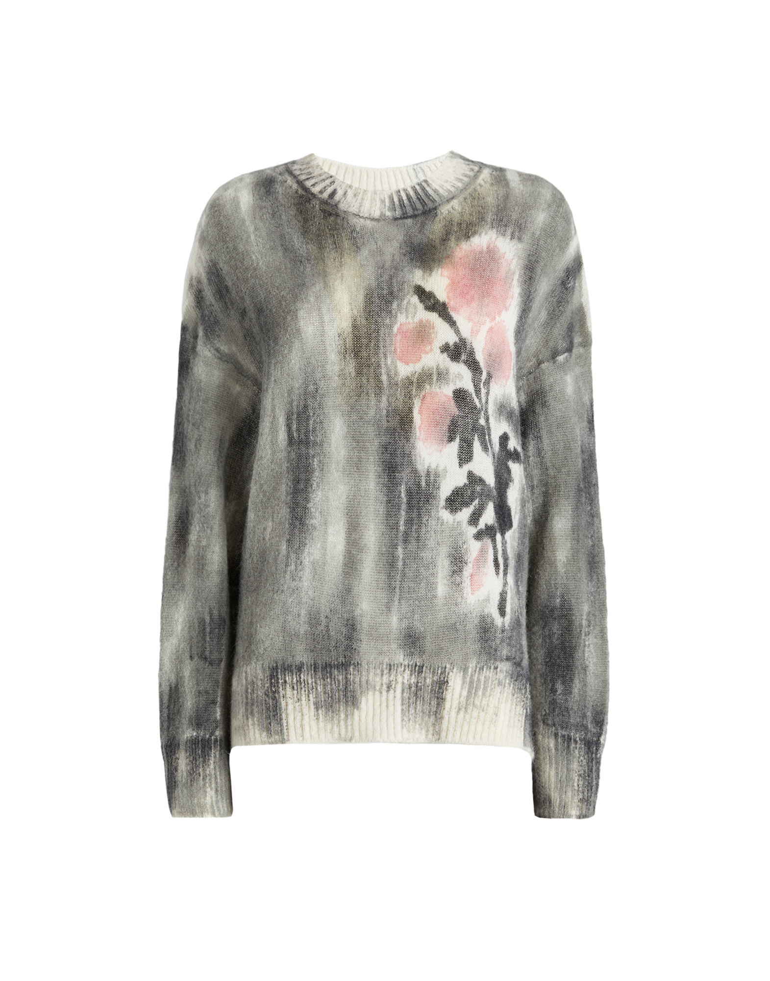 Frontalansicht des Pullovers NEUTRON mit boxy Schnittform, sanften grauen und cremefarbenen Farbverläufen und rosa Blumenmotiv auf der linken Seite.