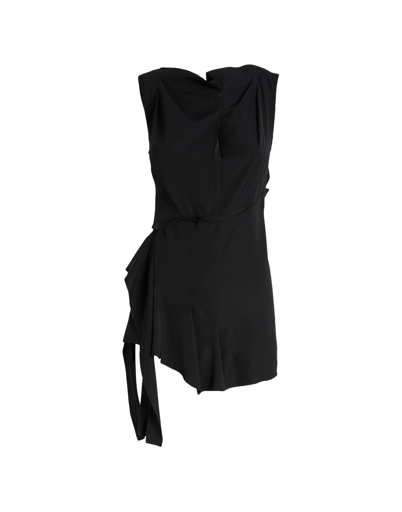 Front view of the black sleeveless TIMBRELL top with square neckline, romantic side ruffle, and asymmetric hem made from fluid viscose.