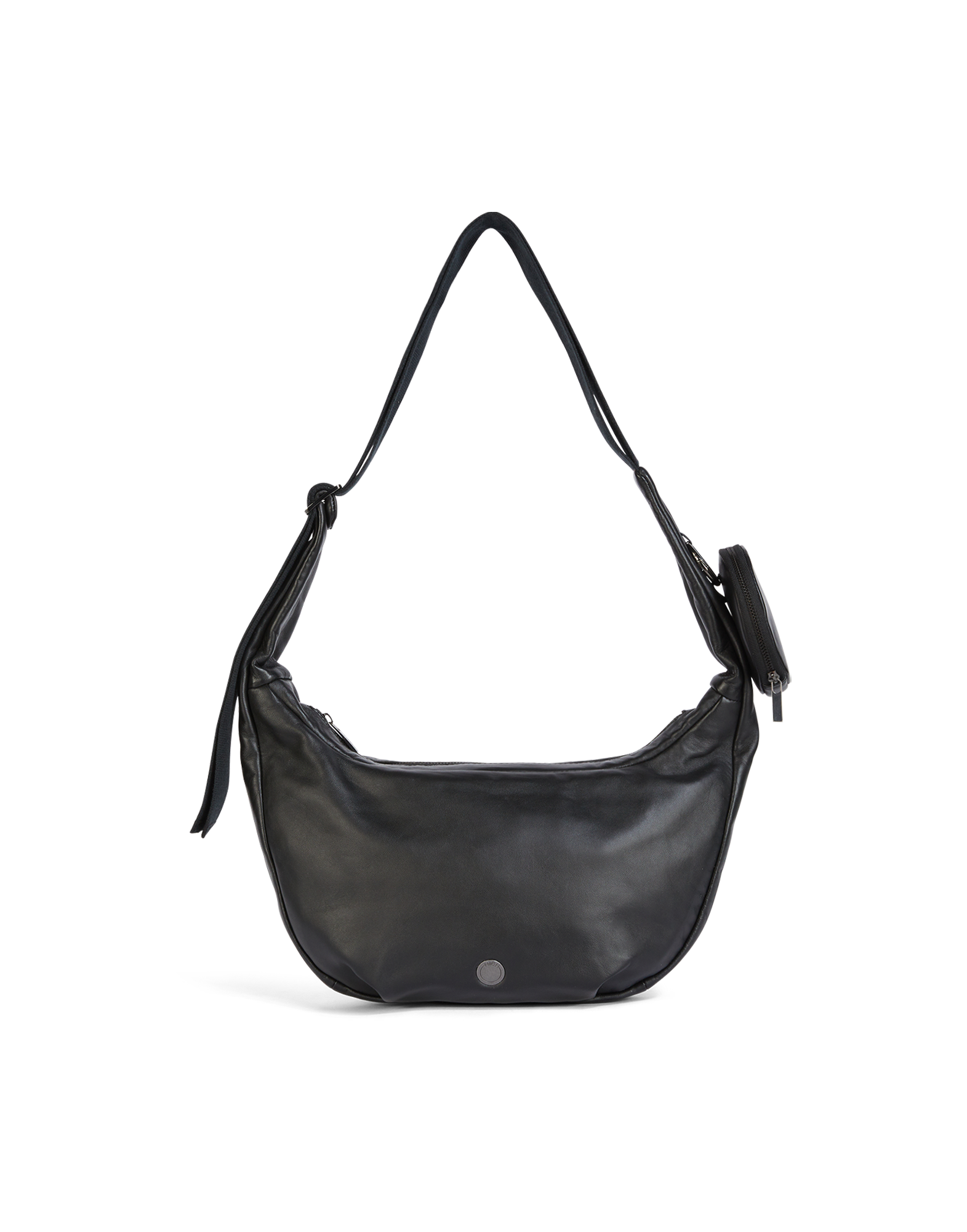 Front view of the ADMIRAL crossbody bag in black lamb leather with removable round wallet and adjustable textile shoulder strap.
