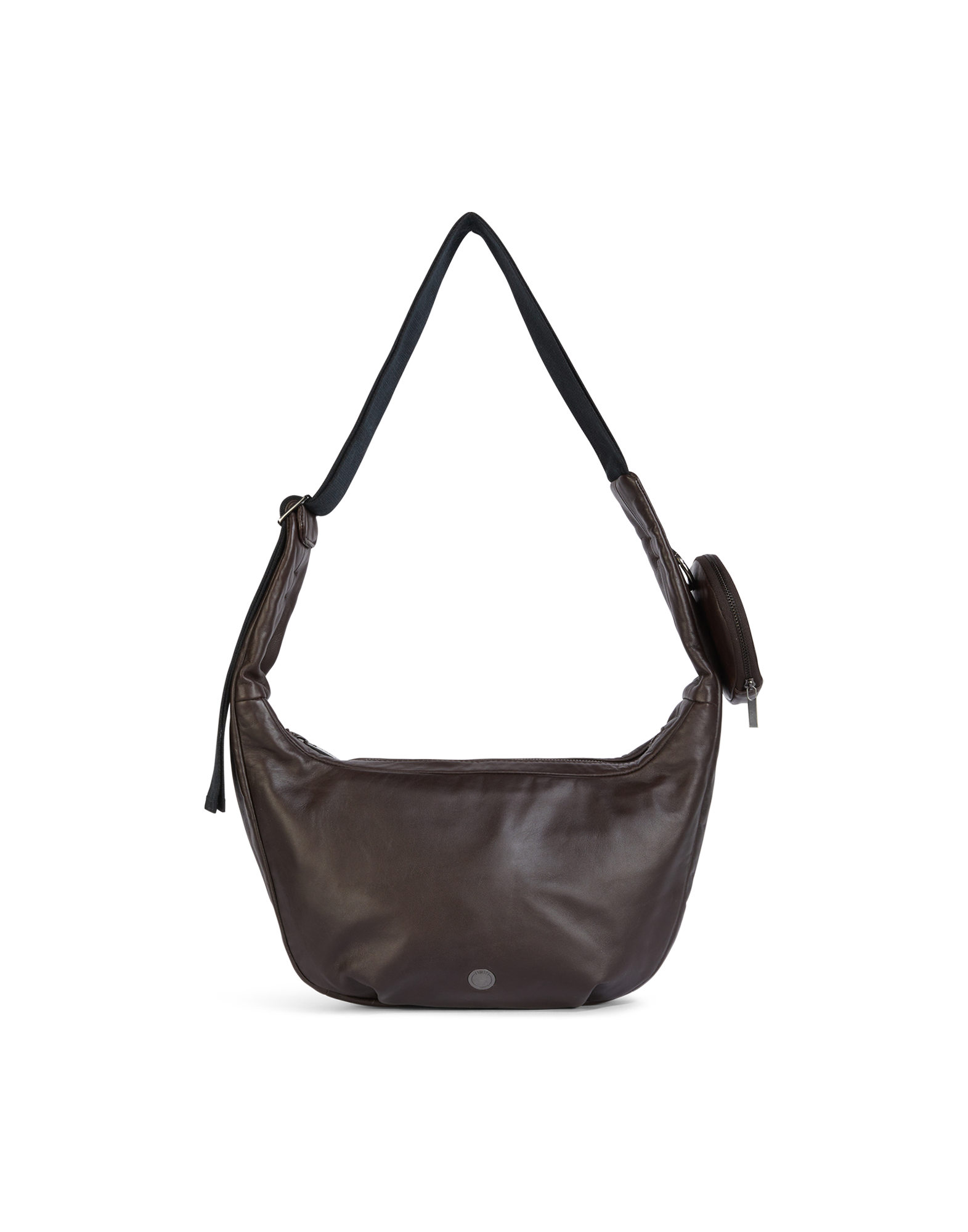 Front view of the ADMIRAL crossbody bag in dark brown lamb leather with removable round wallet, adjustable fabric strap, and subtle logo embossing.