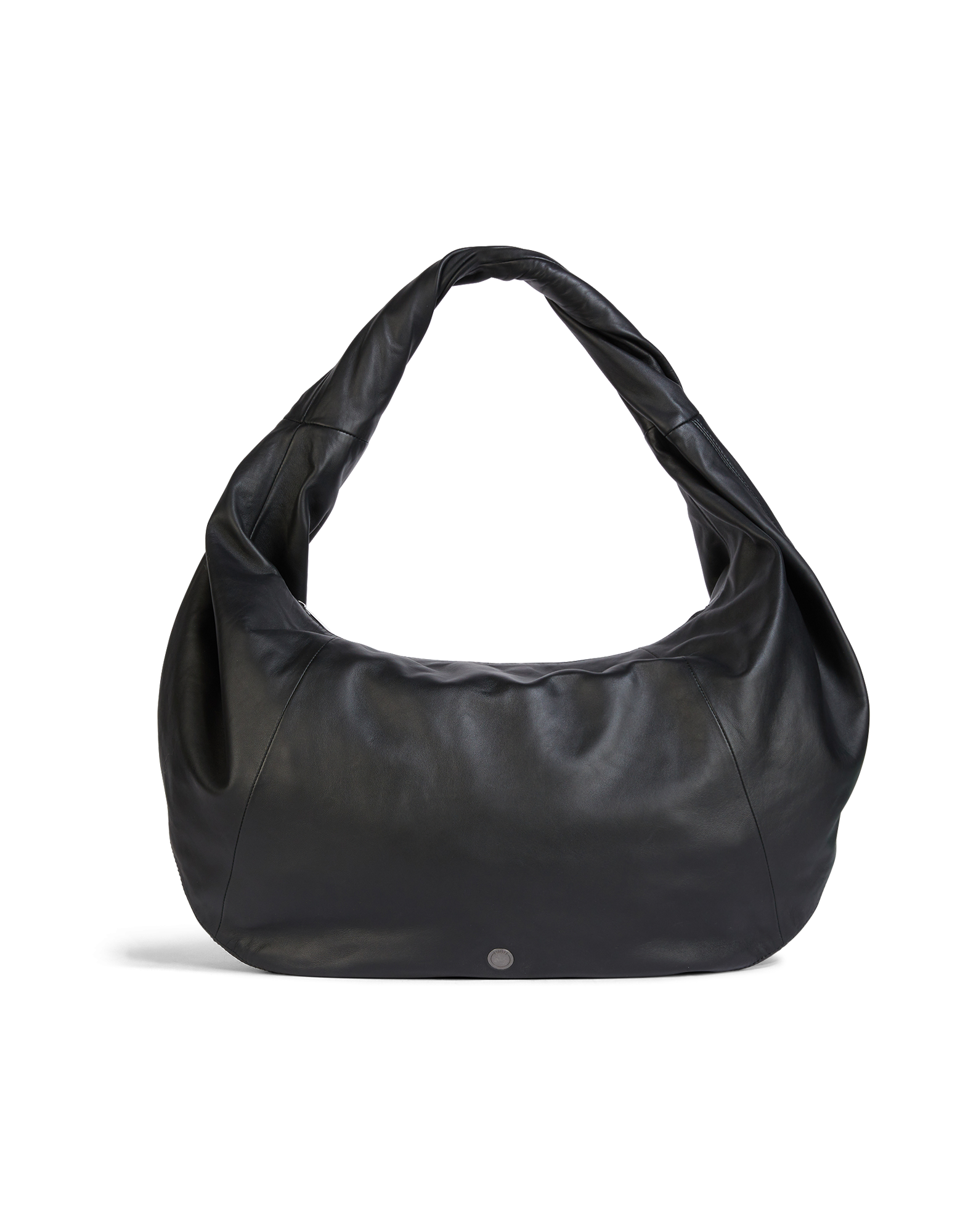 Front view of the REFLEX hobo bag in soft black nappa leather with a rounded body and braided handle, visible logo embossing at the lower center.