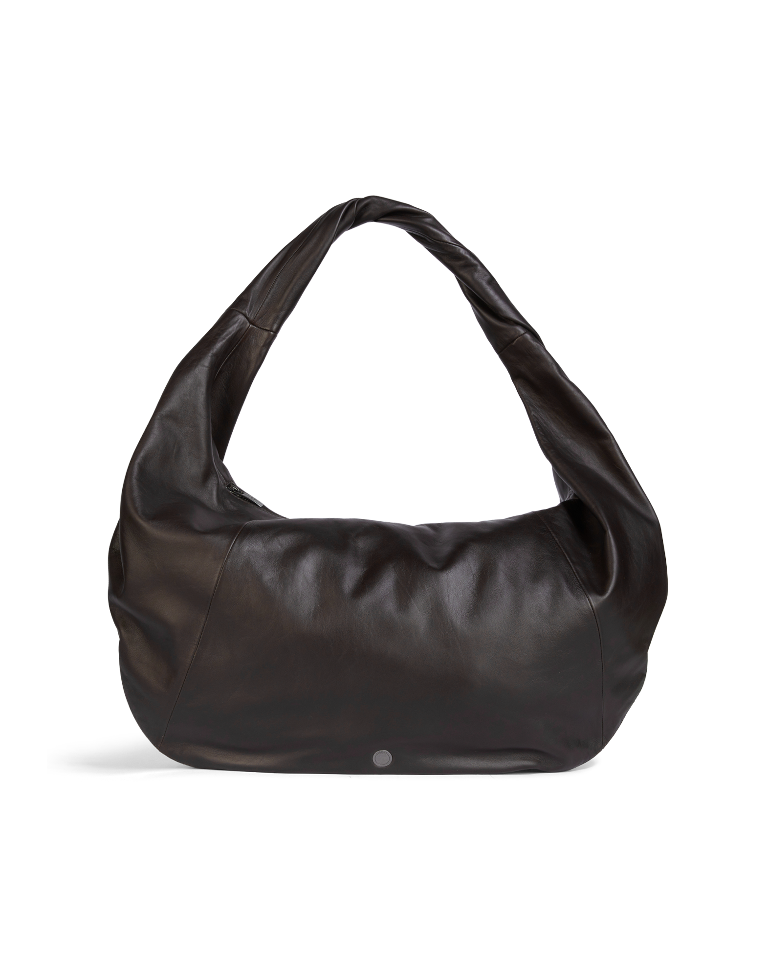 Front view of the REFLEX hobo bag in soft dark brown nappa leather with rounded shape and braided handle.