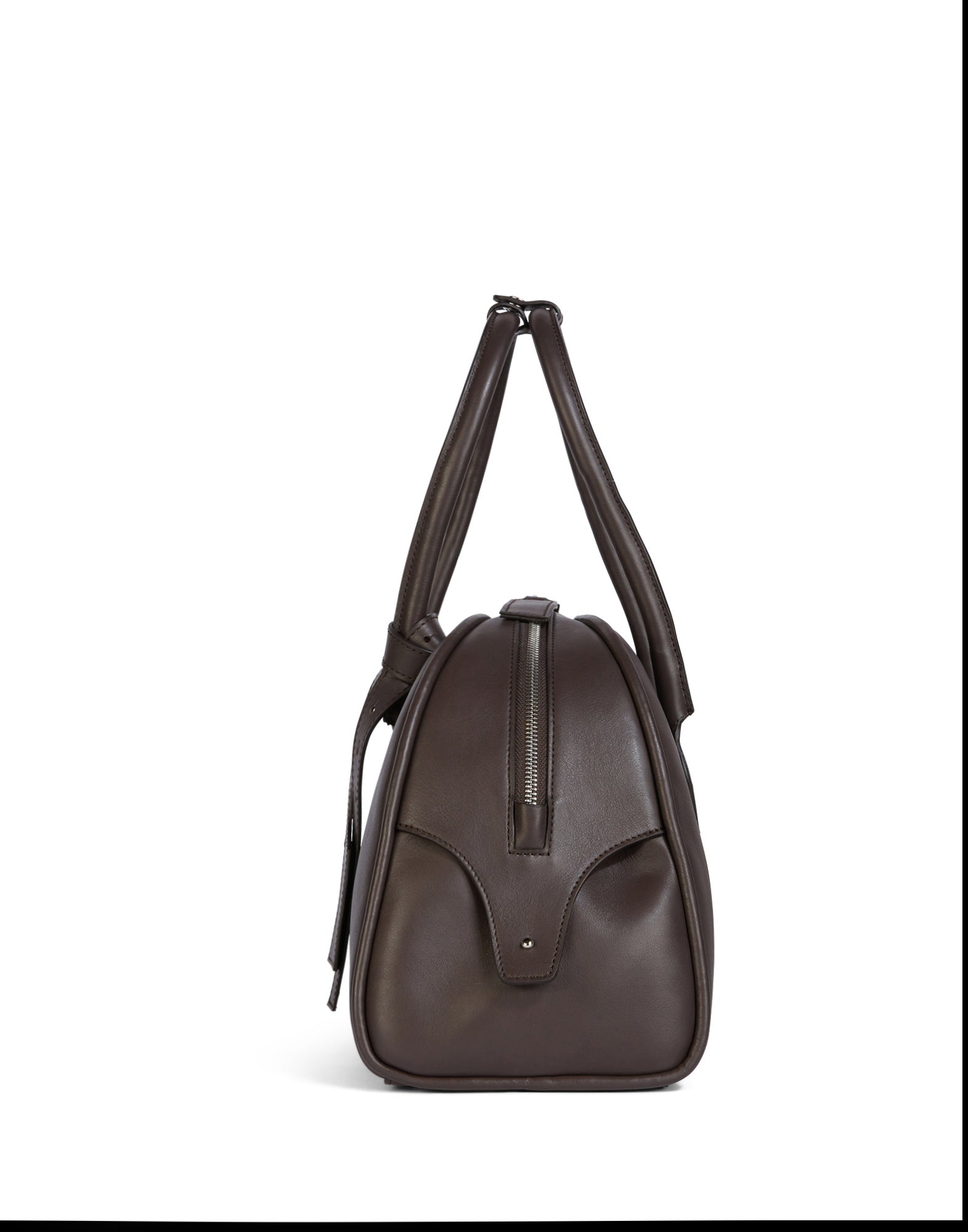 Side view of BELUGA bag in dark brown calf leather with reinforced handles, visible double-slider zip, and decorative leather tag.