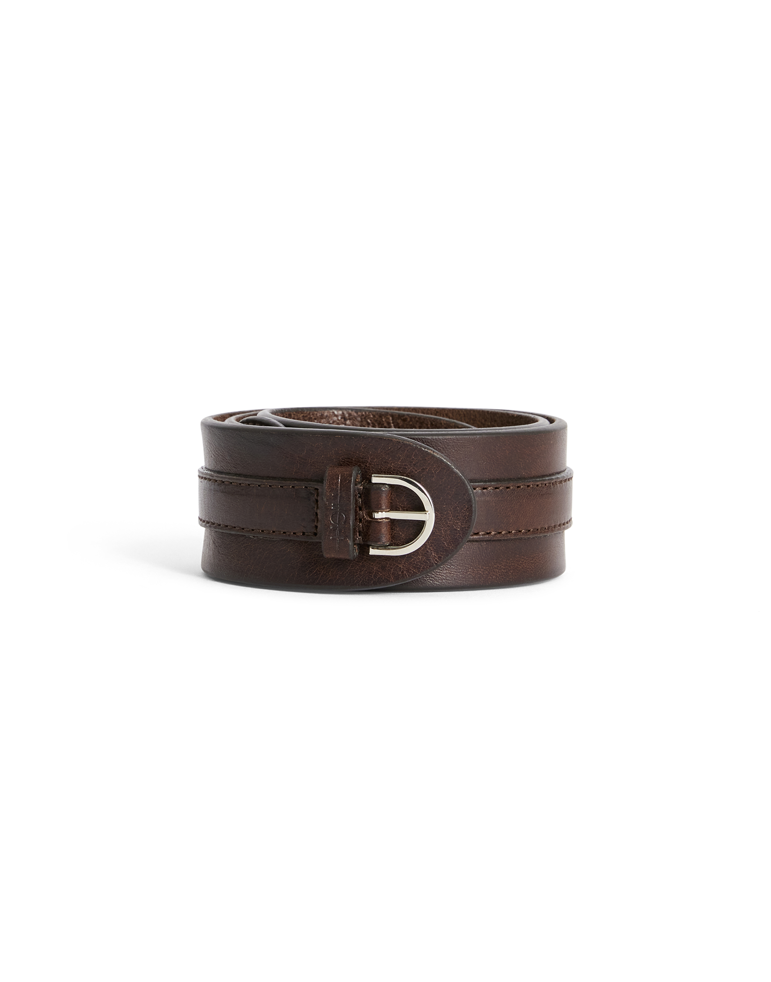 Front view: The rolled-up dark brown leather belt PRESS UP with an optical double-strap effect features a semicircular silver-toned pin buckle and an embossed HIGH logo on the leather loop.
