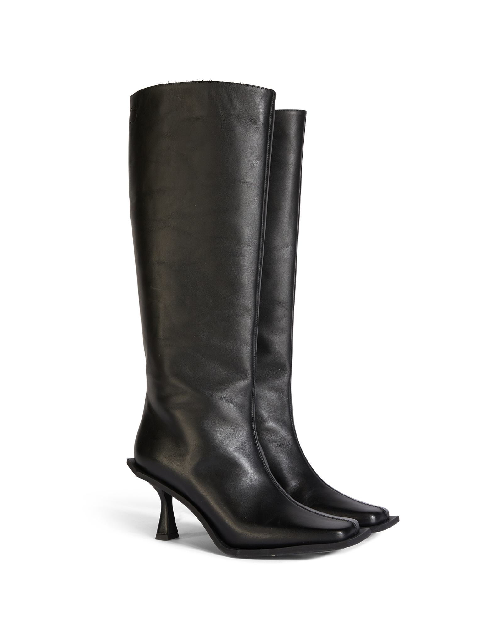 Front view of BOULEVARD, a knee-high black leather boot with slightly protruding square sole, flared heel, and striking square toe.