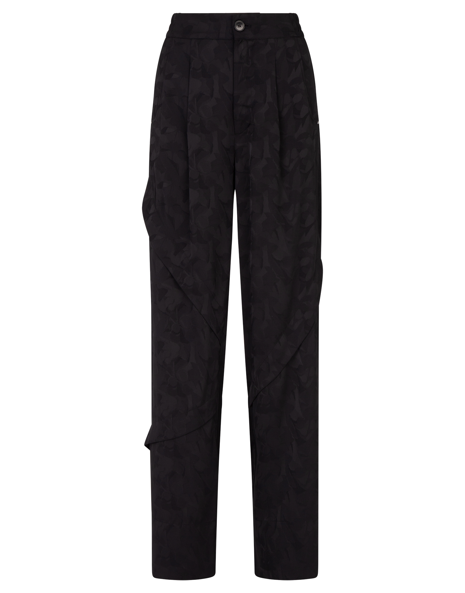 Frontalansicht der BORDERLINE Hose mit weitem Bein aus schwarzem Funktionssatin, Damast-Blumenmuster, silberfarbenem Reißverschluss und breitem Saum.
