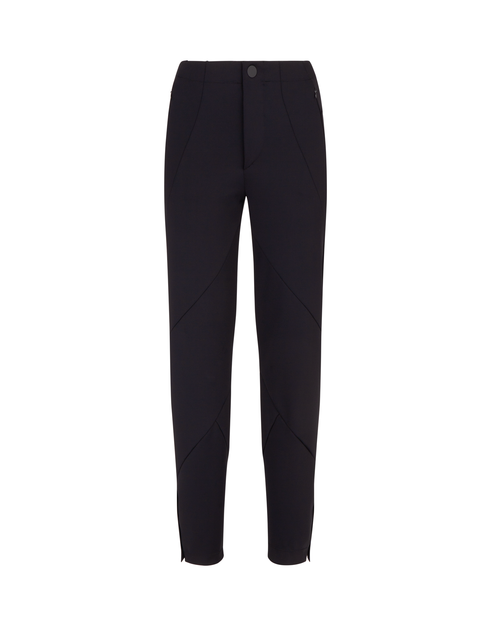 Front view: JOLT Slim Fit Multi-Seam Sporty-Chic Pants in black smooth neoprene jersey, visible button at waistband, spiral seams, narrow hem.