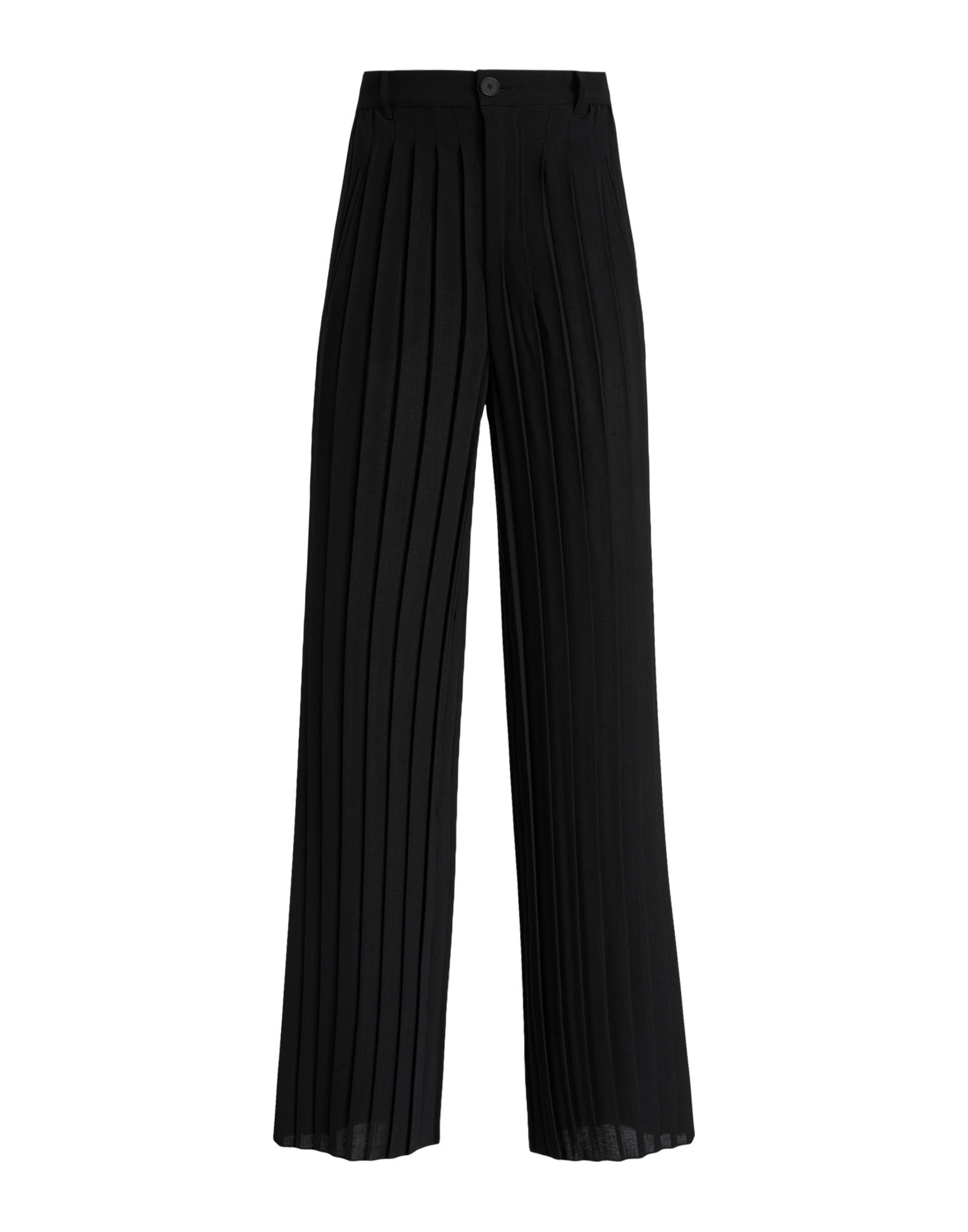 Front view of DREW palazzo trousers featuring deep column-like pleats, straight leg, waistband with belt loops, button and zip fastening.