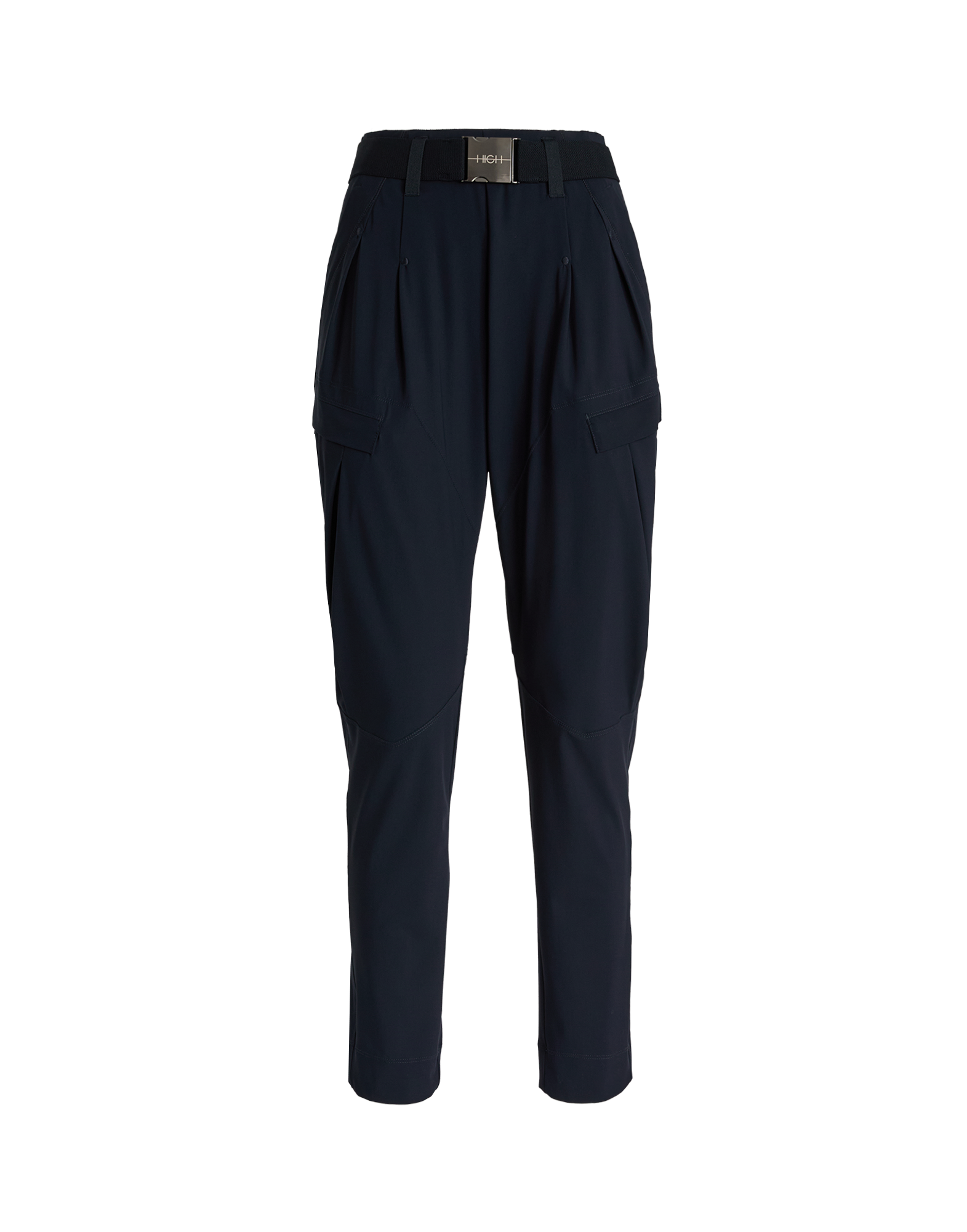 Frontalansicht der LURCH Jodhpur-Hose mit elastischem Bund, logierter Metallschnalle, seitlichen Taschen und sichtbaren Steppnähten, aus dunklem Sensitive(R) Jersey.