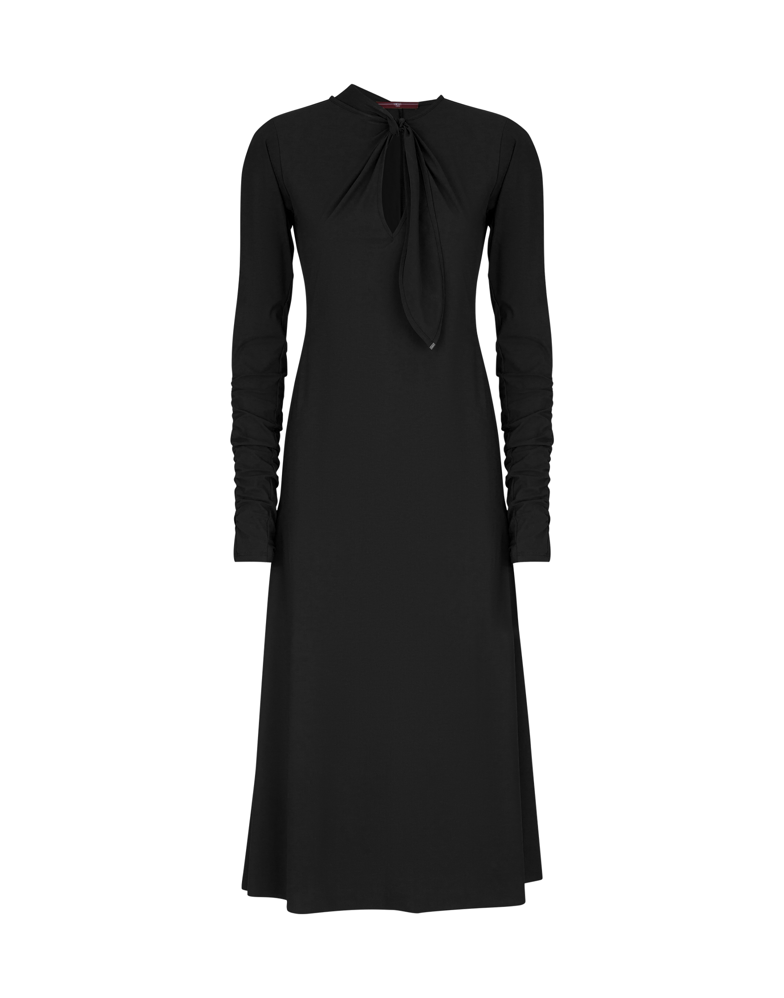 Frontal view: SINCERELY, a flared dress made from black Sensitive(R) sports jersey featuring a round neckline, tie at keyhole opening, and ruched sleeves.