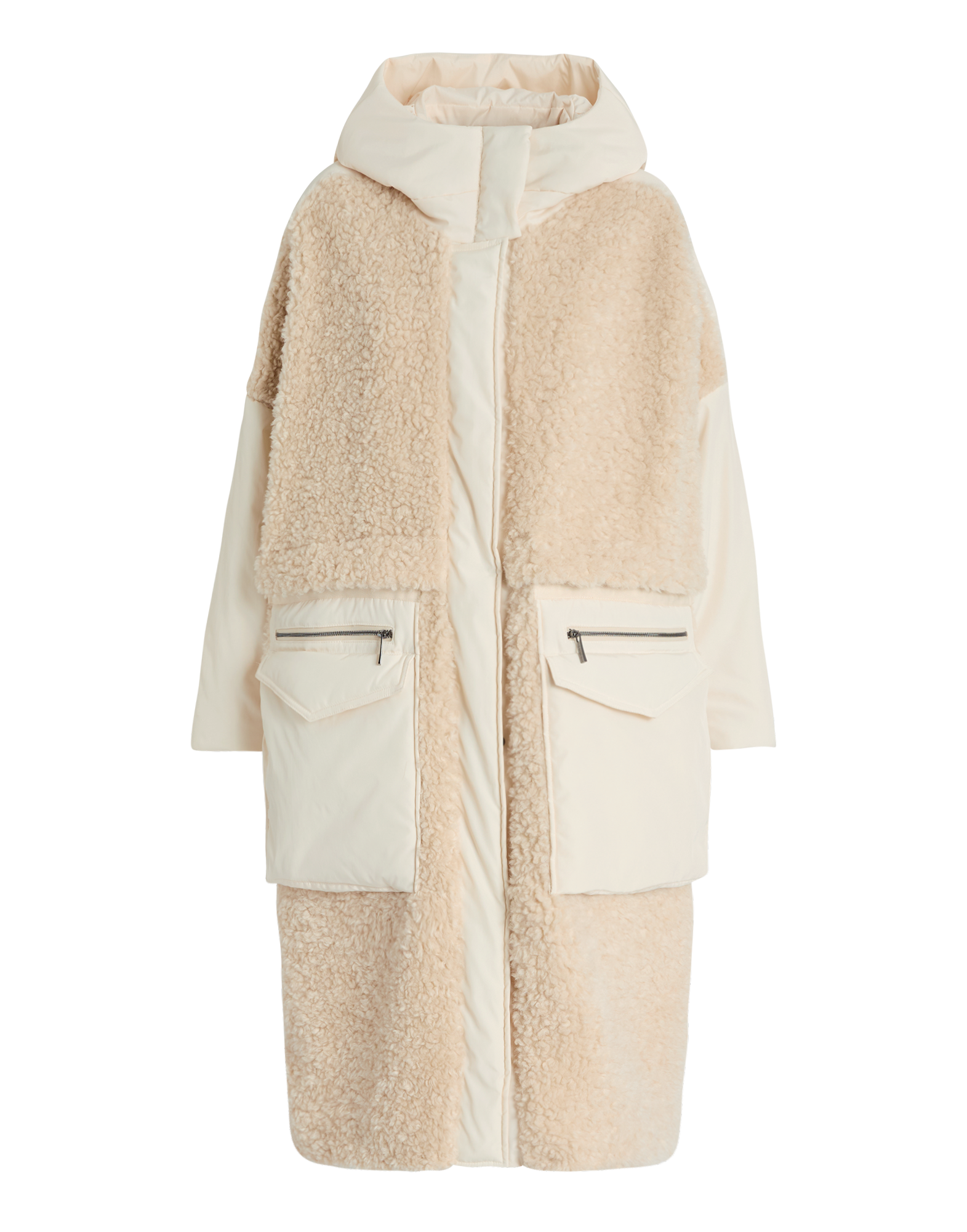 Frontalansicht des ANNOTATE Mantels, beige-sherpa-Optik mit Nylon-Einsätzen, großer Kapuze, verdecktem Reißverschluss und zwei großen Fronttaschen mit Reißverschlüssen.