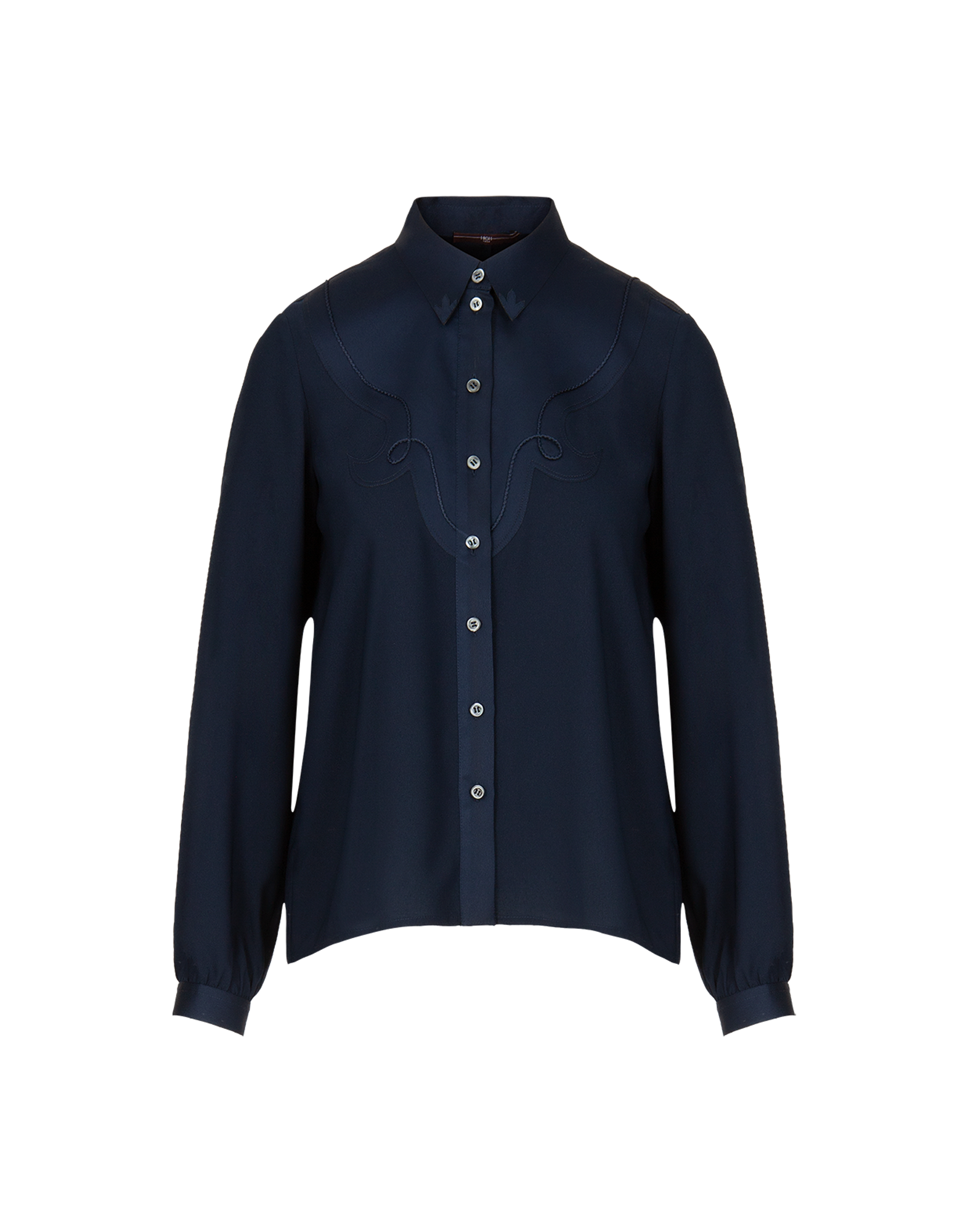 Frontalansicht der APPRECIATION Bluse im Westernstil aus satiniertem Funktionskrepp. Sichtbar sind Perlmuttknöpfe, Klappkragen und dekorative Passe mit Schnörkelmuster.