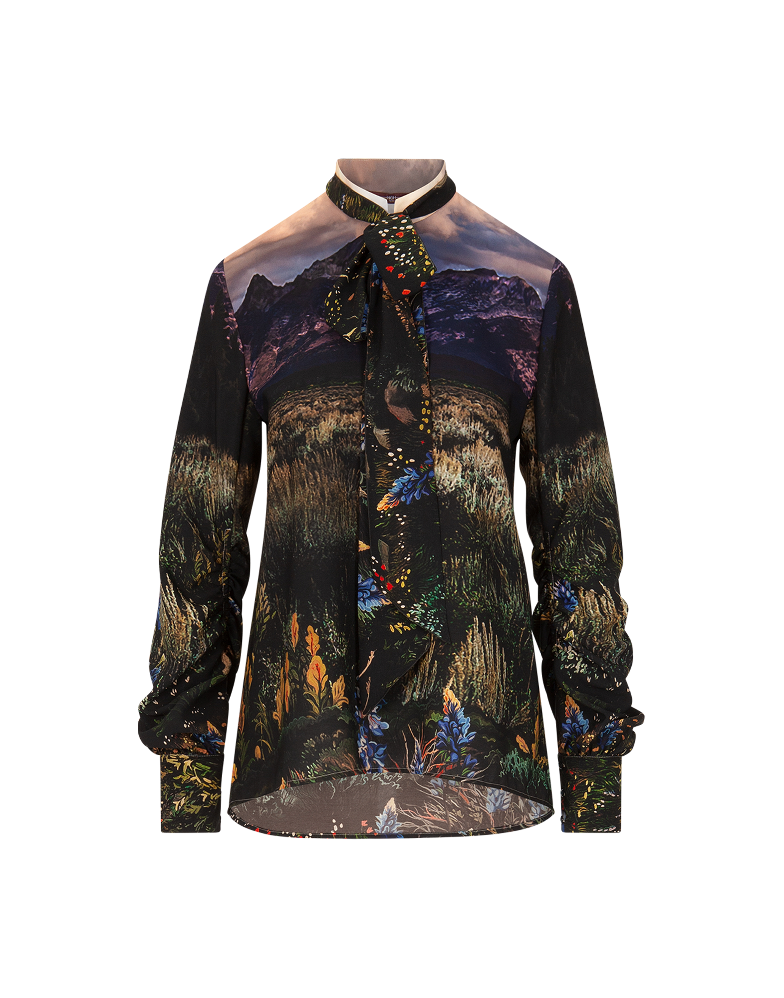 Frontalansicht der AMAZEMENT Bluse aus Funktionskrepp mit mehrfarbigem „Wyoming“-Druck, Stehkragen mit Schleifenband und gerafften langen Ärmeln, ausgestellt geschnittener Saum.