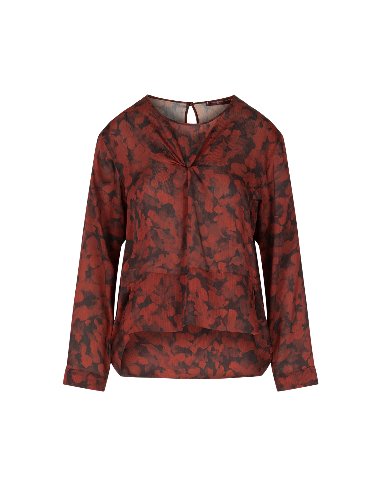 Frontalansicht des ALONE Tops aus technischem Krepp mit digitalem 'Geo Animalier'-Print in Schwarz und Burgunderrot, weitem Halsausschnitt und langen Ärmeln.