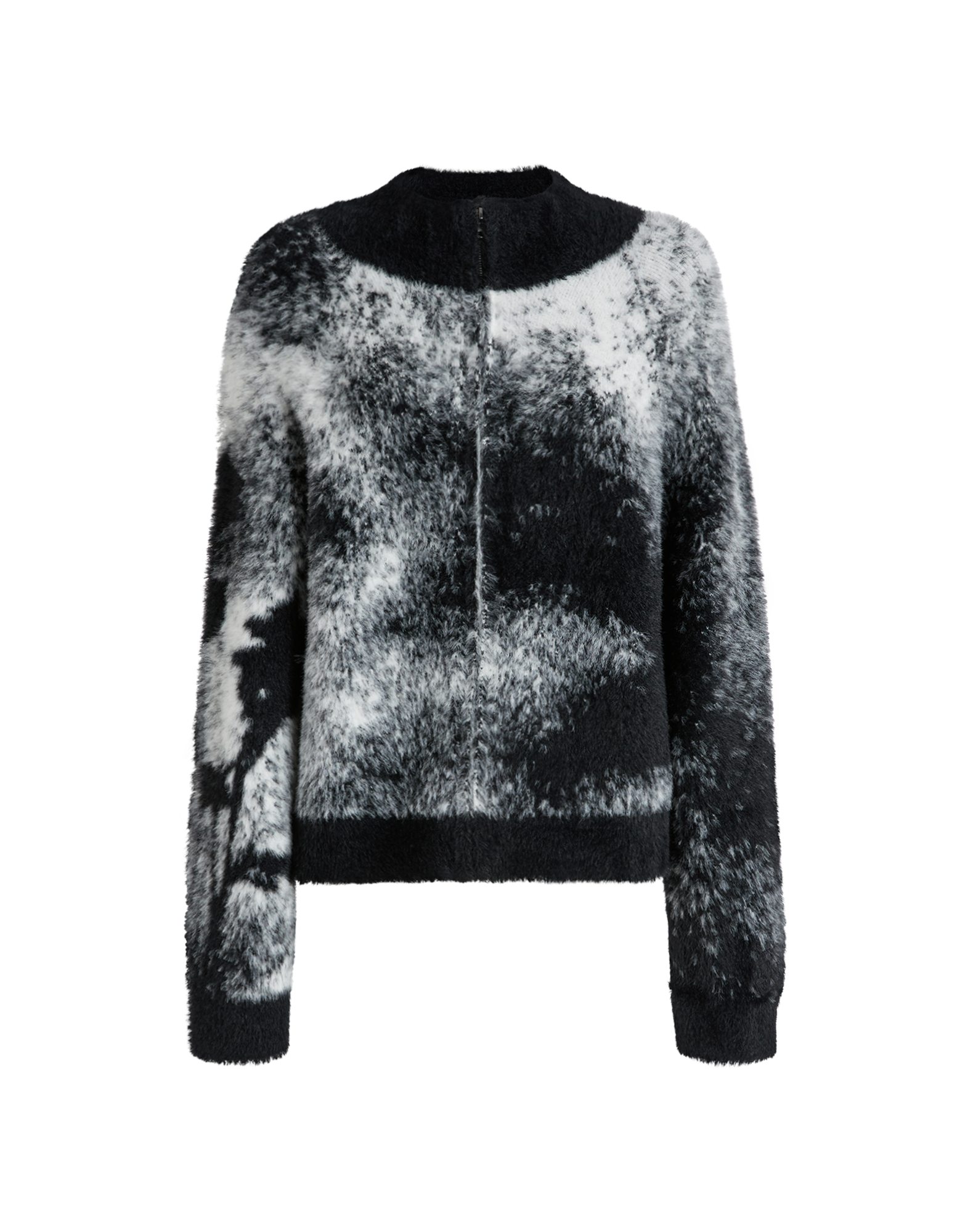 Frontalansicht des SUMMON UP Cardigans, bicolor Jacquard mit floralem Muster am rechten Ärmel, Stehkragen, Metalleißverschluss, weiche, flauschige Textur.