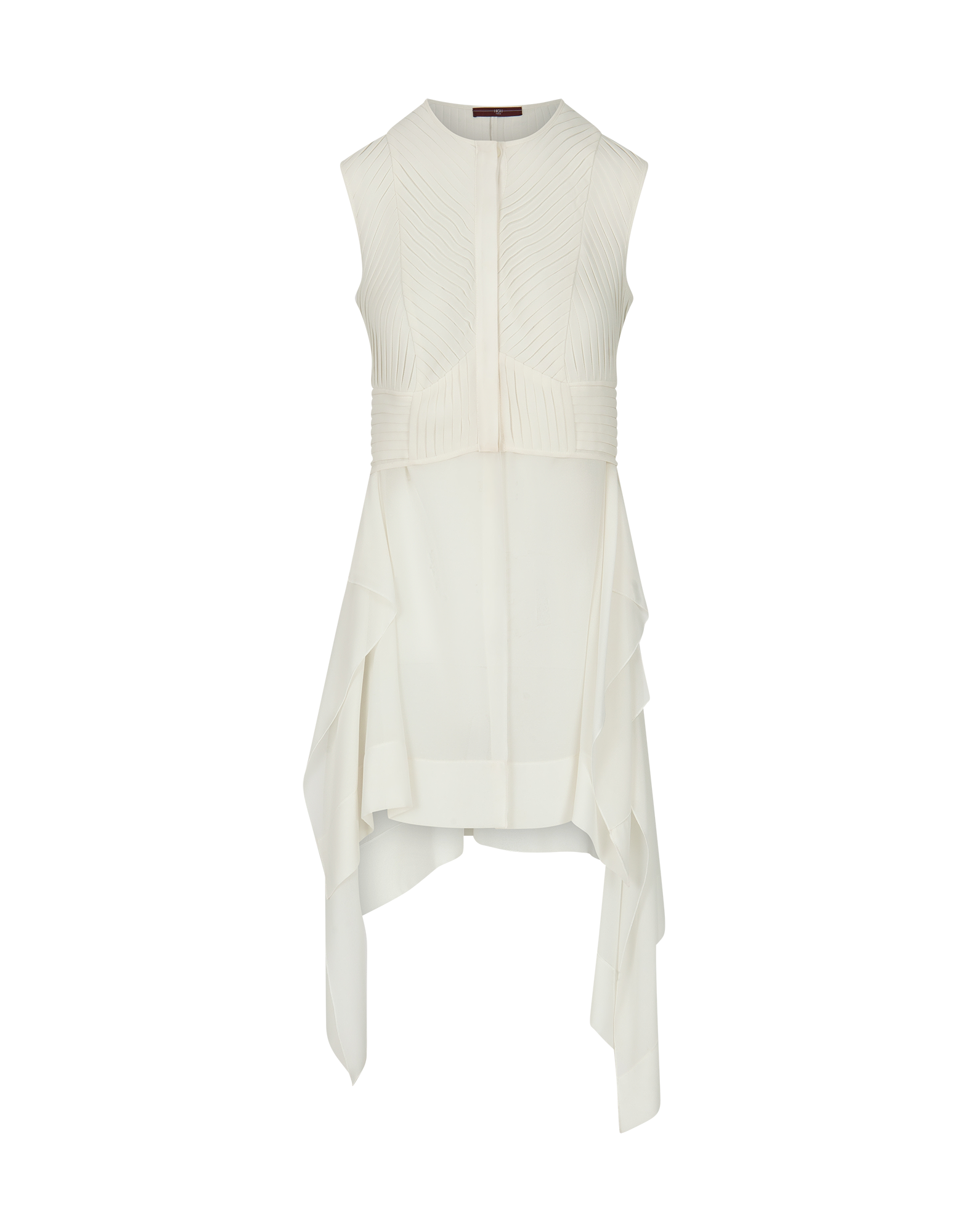 Front view of the PLAYFUL tunic, sleeveless in semi-sheer white georgette, structured diagonally ribbed bodice and handkerchief hem with attached fabric panels.